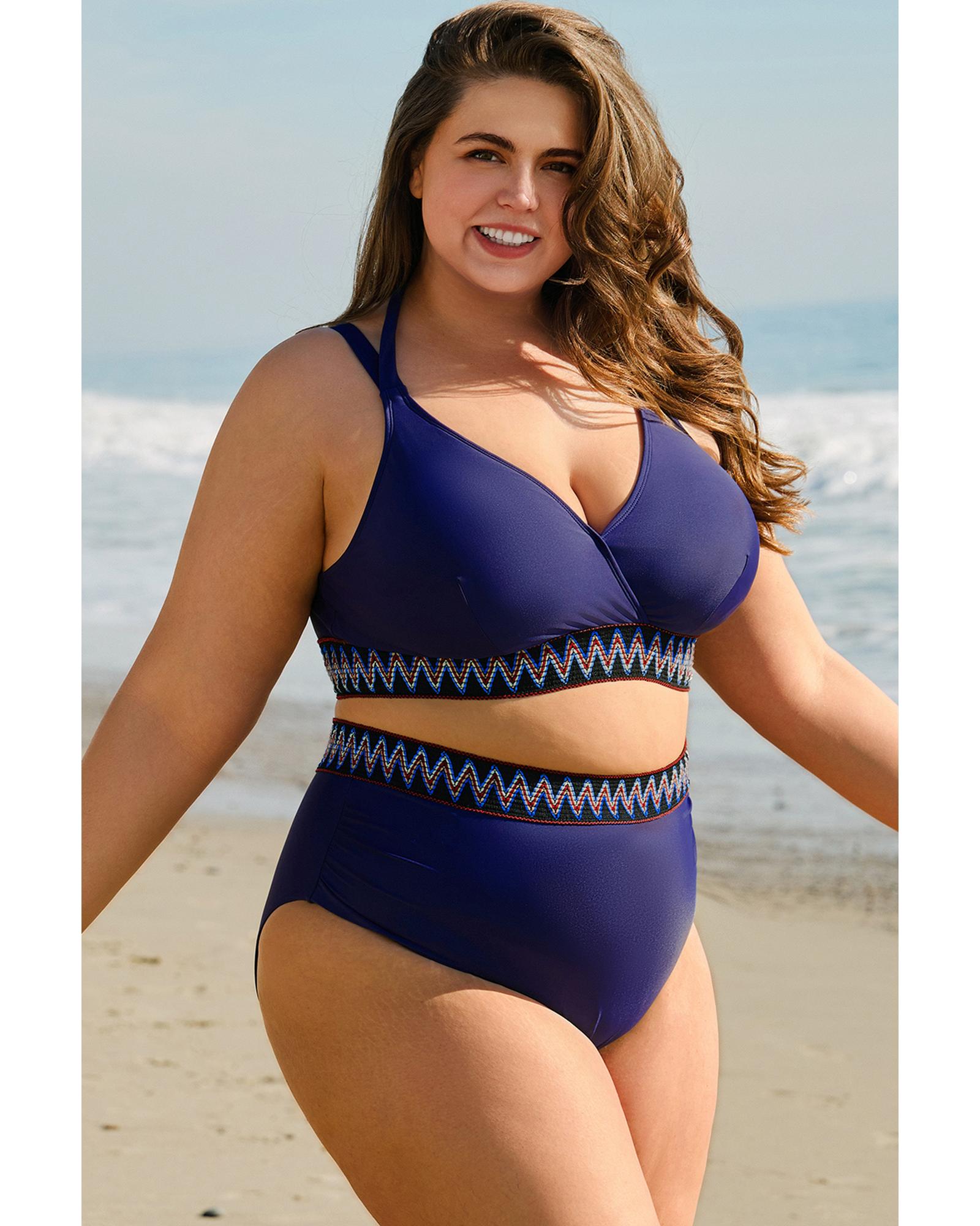 Navy Blue Embroidered Trim Wrap Tie Knot Plus Size High Waisted Bikini - 1X