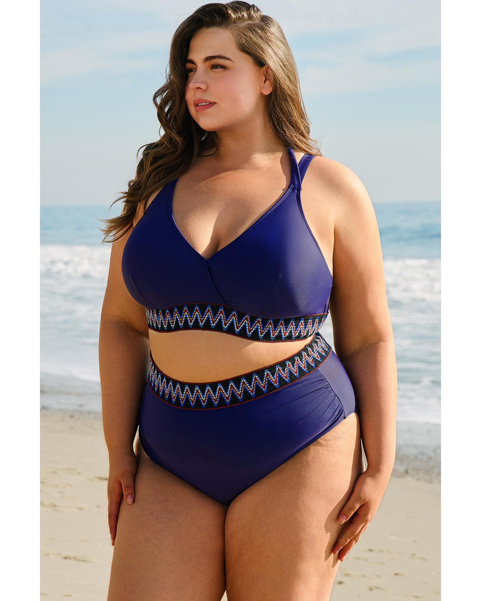 Navy Blue Embroidered Trim Wrap Tie Knot Plus Size High Waisted Bikini - 1X