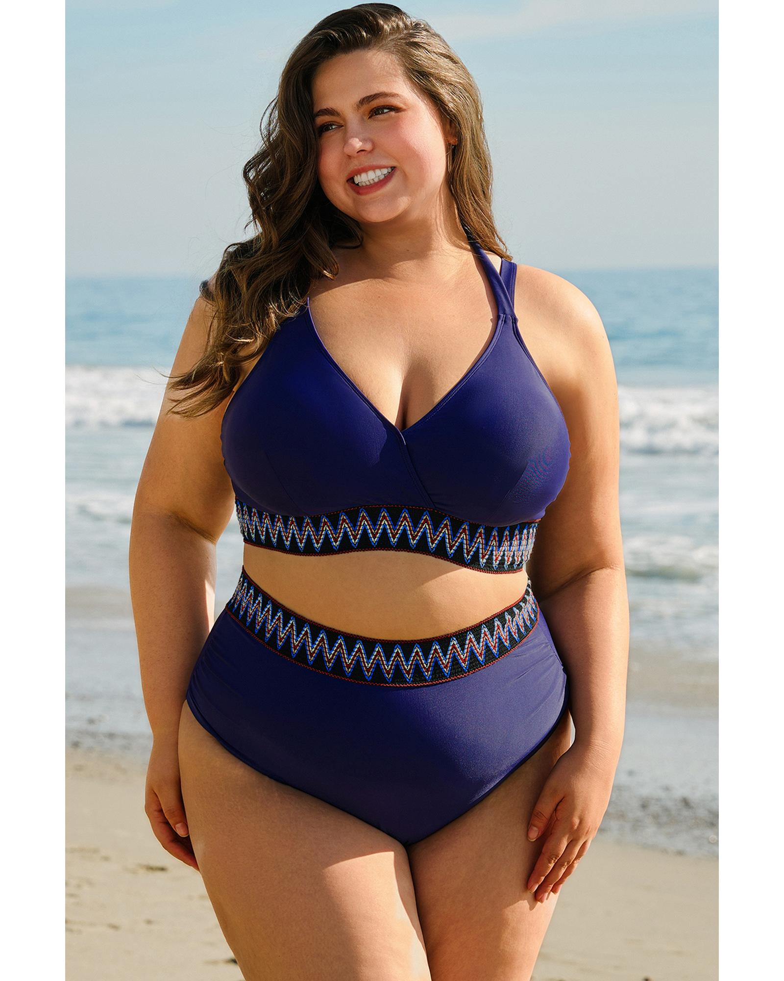 Navy Blue Embroidered Trim Wrap Tie Knot Plus Size High Waisted Bikini - 1X