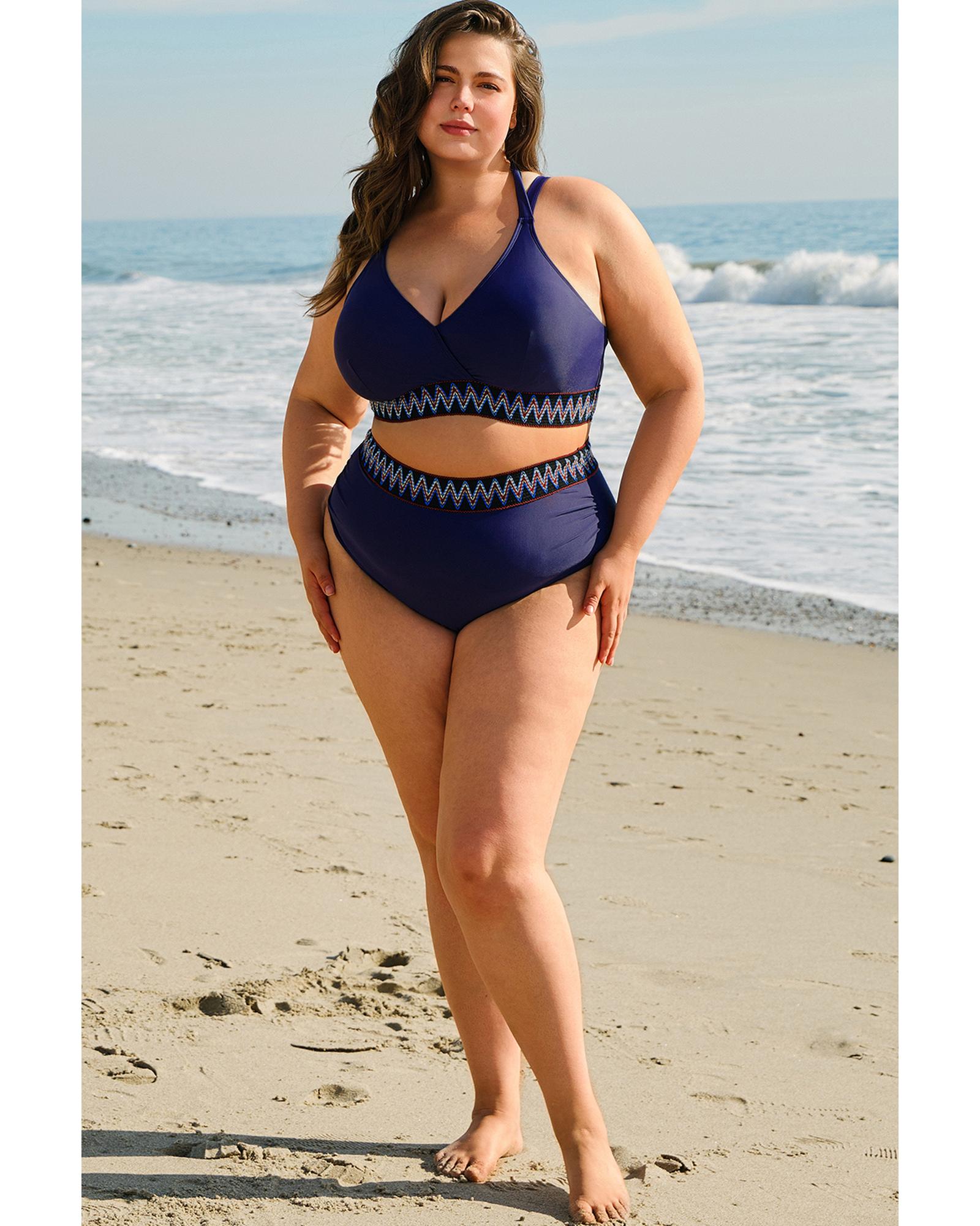 Navy Blue Embroidered Trim Wrap Tie Knot Plus Size High Waisted Bikini - 1X