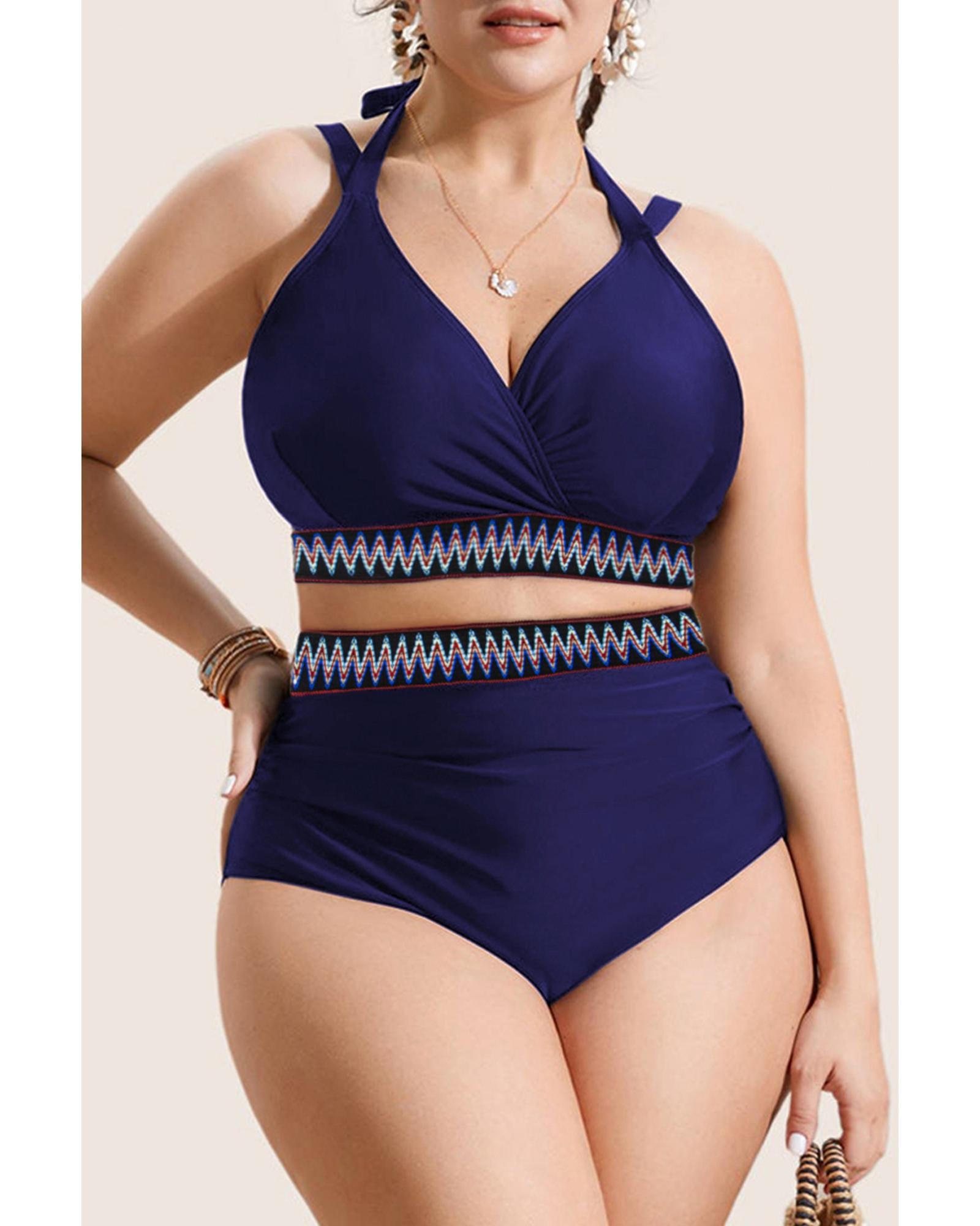 Navy Blue Embroidered Trim Wrap Tie Knot Plus Size High Waisted Bikini - 1X