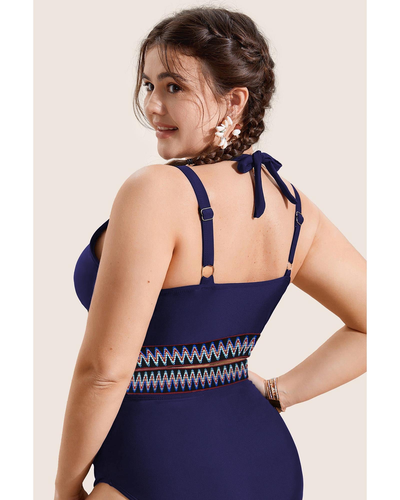 Navy Blue Embroidered Trim Wrap Tie Knot Plus Size High Waisted Bikini - 1X