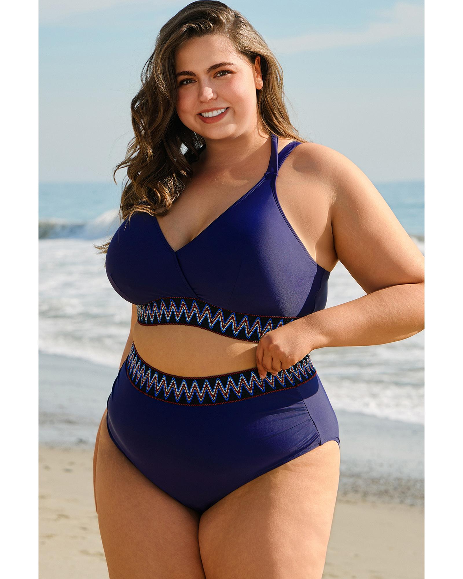 Navy Blue Embroidered Trim Wrap Tie Knot Plus Size High Waisted Bikini - 2X