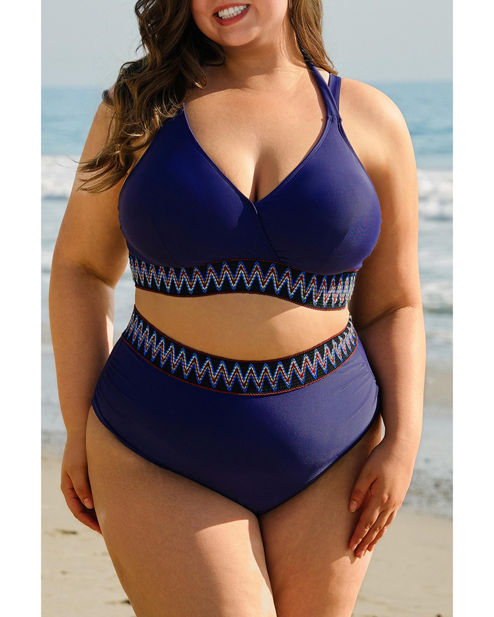 Navy Blue Embroidered Trim Wrap Tie Knot Plus Size High Waisted Bikini - 2X