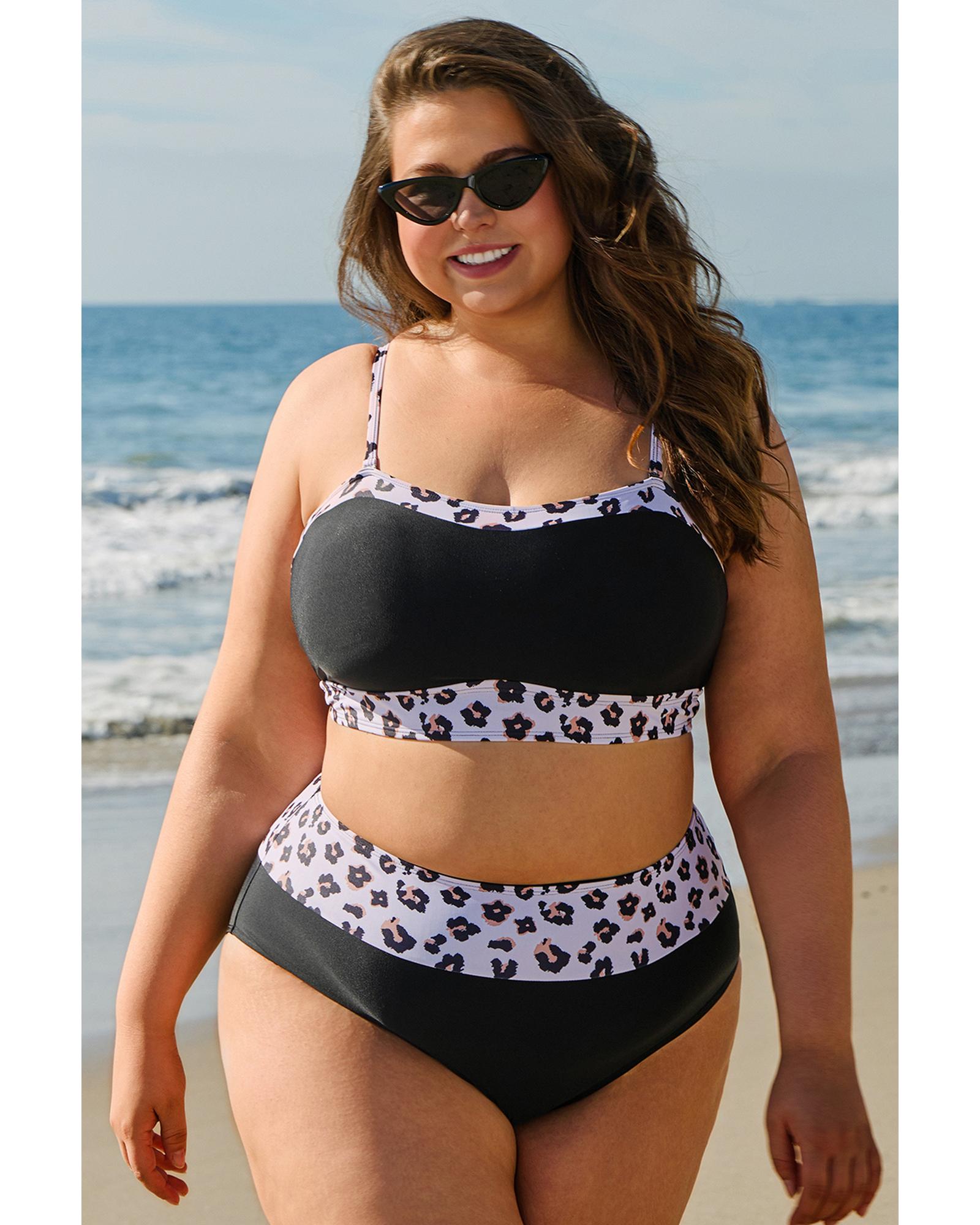 Black 2pcs Leopard Patchwork Plus Size High Waisted Swimsuit - 1X