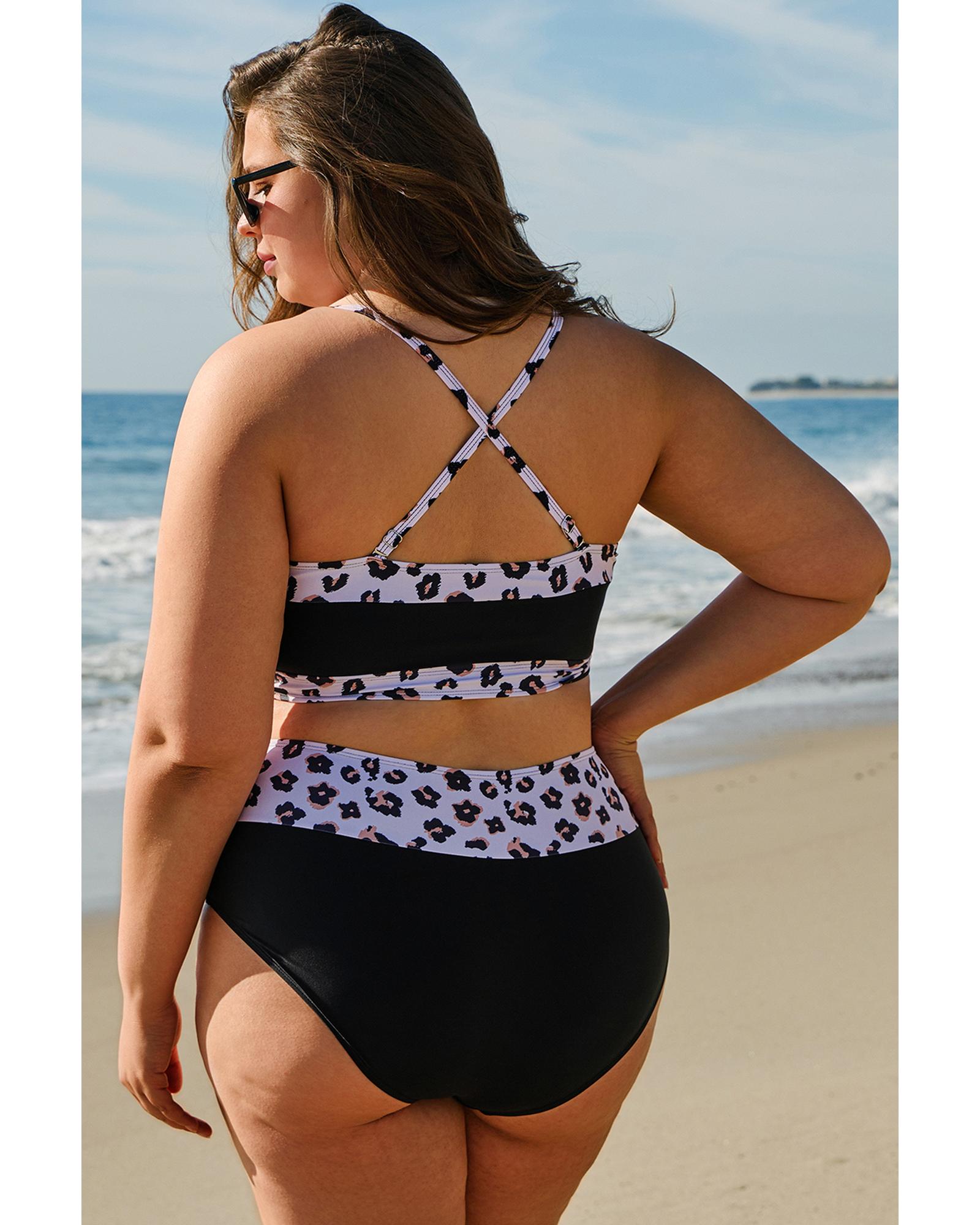 Black 2pcs Leopard Patchwork Plus Size High Waisted Swimsuit - 3X