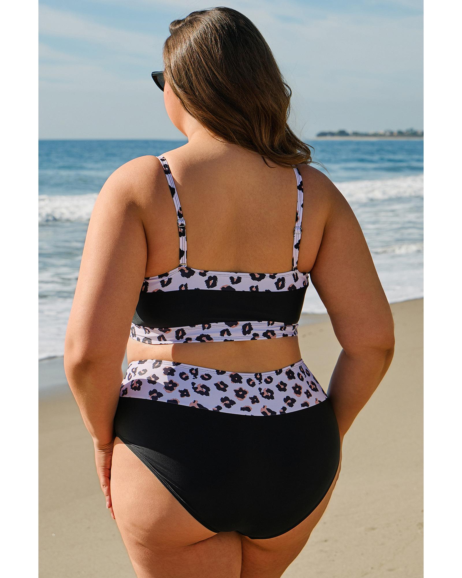 Black 2pcs Leopard Patchwork Plus Size High Waisted Swimsuit - 4X