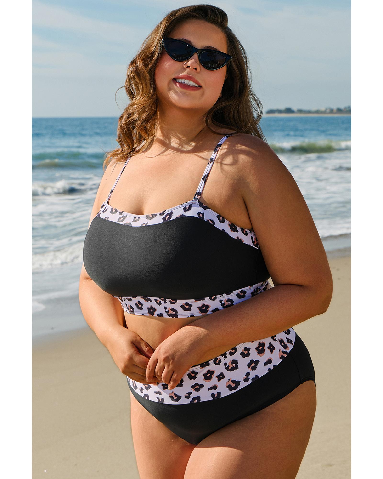 Black 2pcs Leopard Patchwork Plus Size High Waisted Swimsuit - 4X