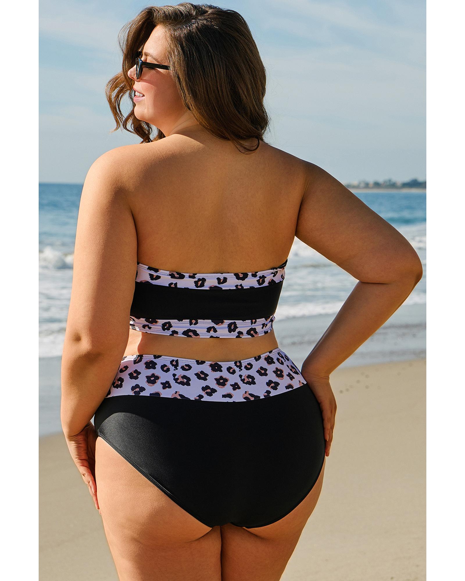Black 2pcs Leopard Patchwork Plus Size High Waisted Swimsuit - 4X