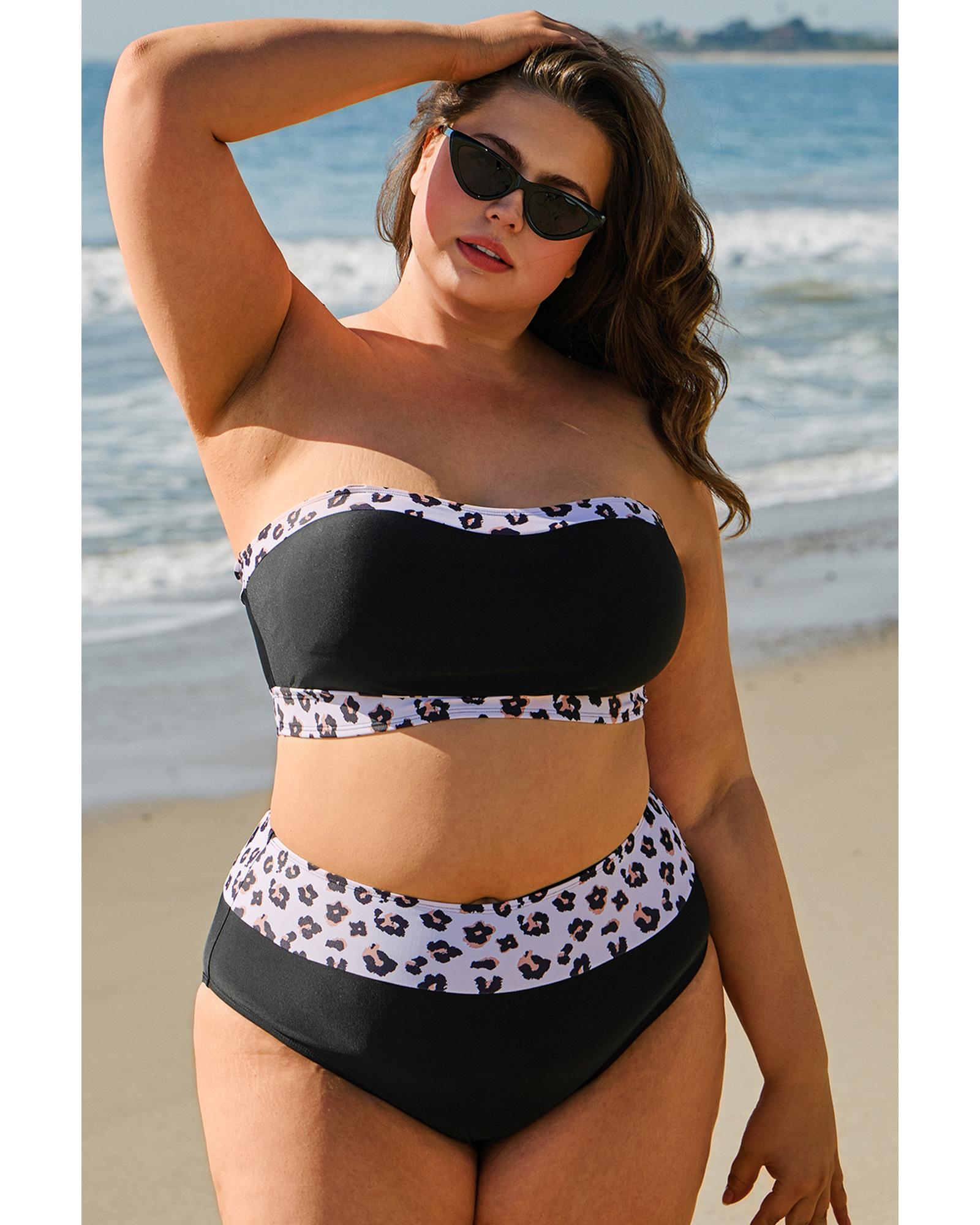 Black 2pcs Leopard Patchwork Plus Size High Waisted Swimsuit - 4X