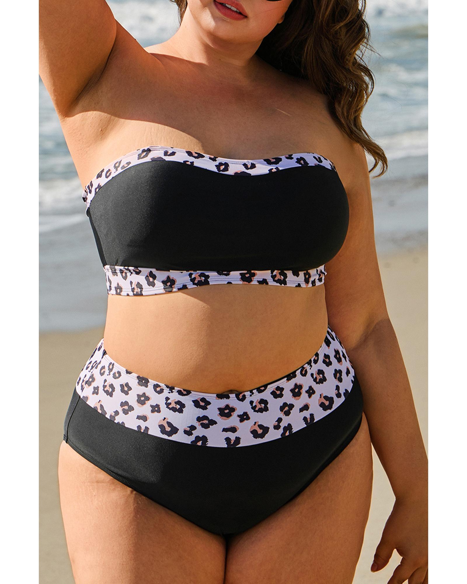 Black 2pcs Leopard Patchwork Plus Size High Waisted Swimsuit - 4X