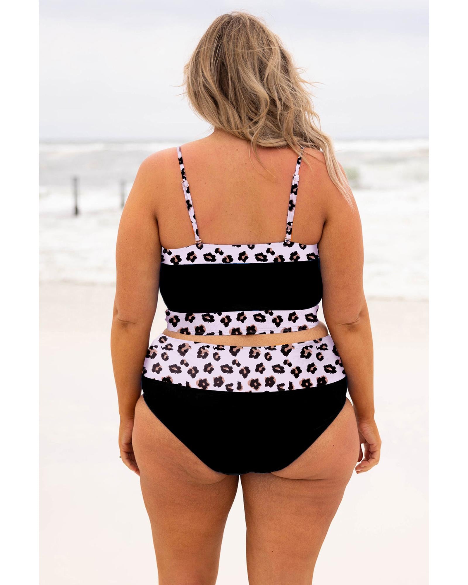 Black 2pcs Leopard Patchwork Plus Size High Waisted Swimsuit - 4X