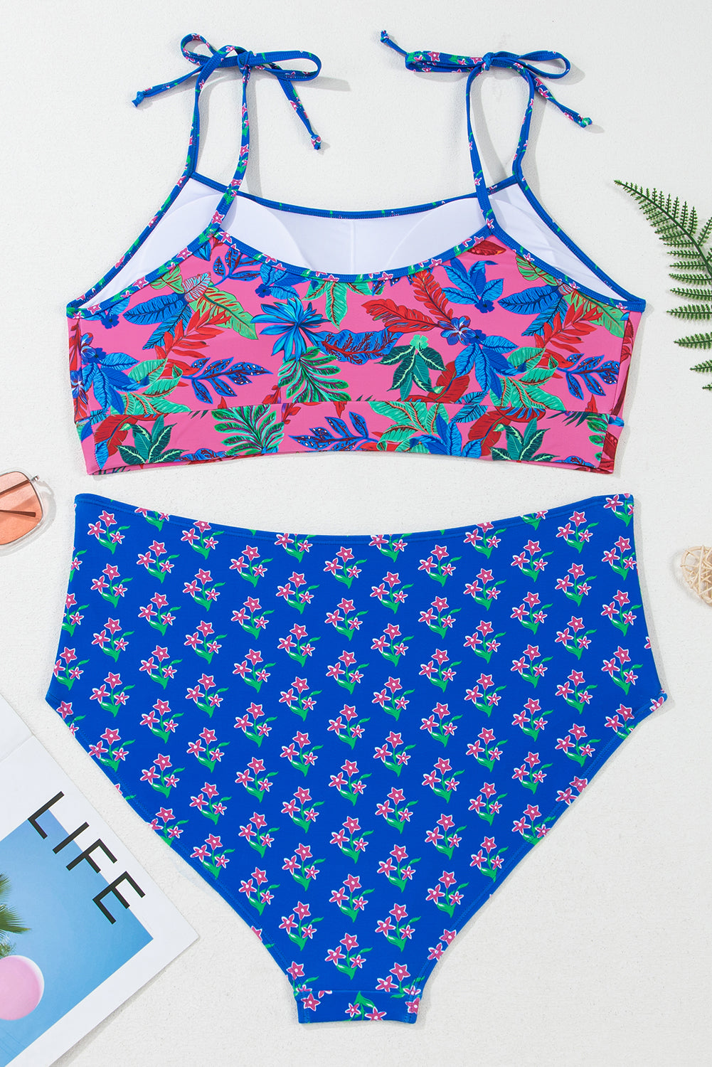 Blue Fashion Print Tied Straps Crop Vest and High Waist Plus Size Bikini - 1X