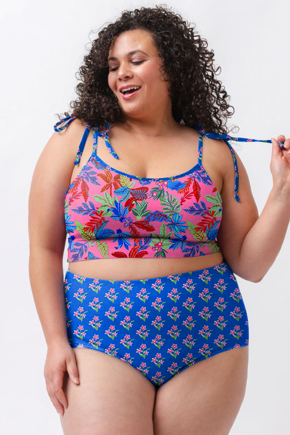 Blue Fashion Print Tied Straps Crop Vest and High Waist Plus Size Bikini - 2X