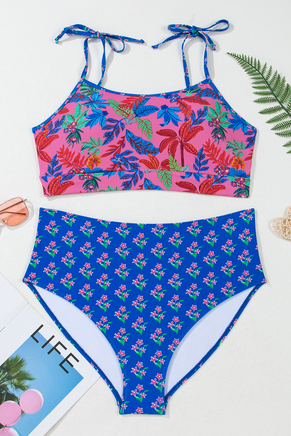 Blue Fashion Print Tied Straps Crop Vest and High Waist Plus Size Bikini - 3X