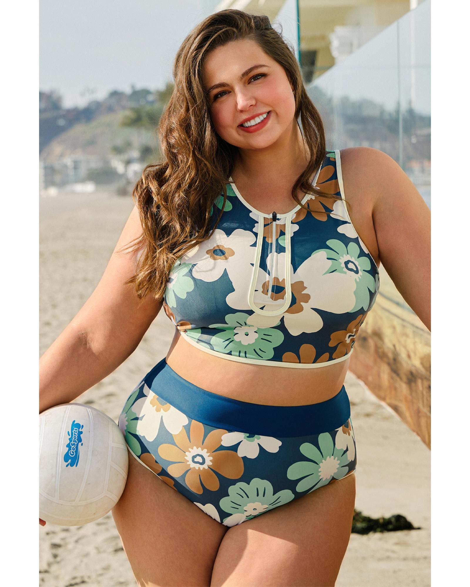 Green Floral Printed Zipped Plus Size Two Pieces Bikini - 1X