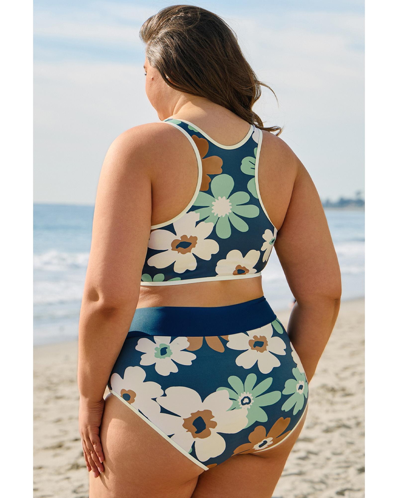 Green Floral Printed Zipped Plus Size Two Pieces Bikini - 4X