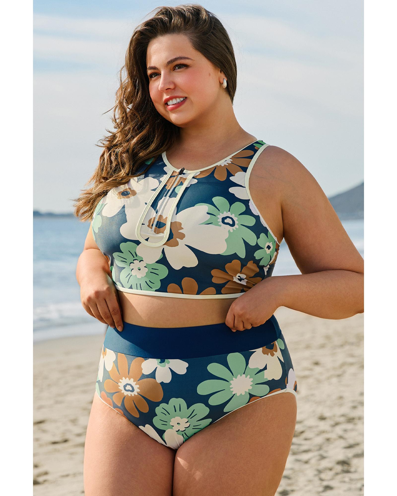 Green Floral Printed Zipped Plus Size Two Pieces Bikini - 4X