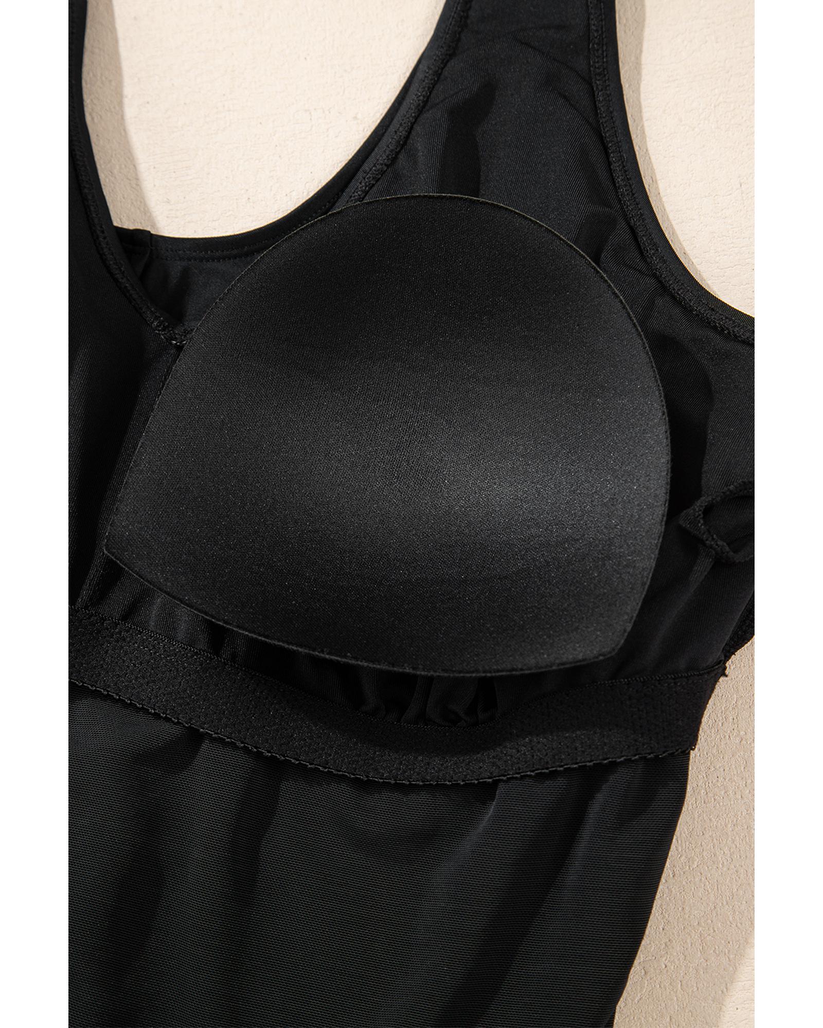 Black Solid Color U Neck Padded Plus Size One Piece Swimsuit - 3X