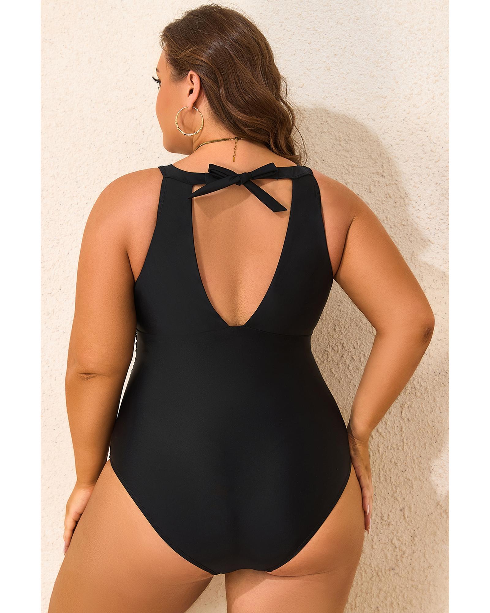 Black Halter Mesh Insert Knotted Back One Piece Plus Size Swimsuit - 1X
