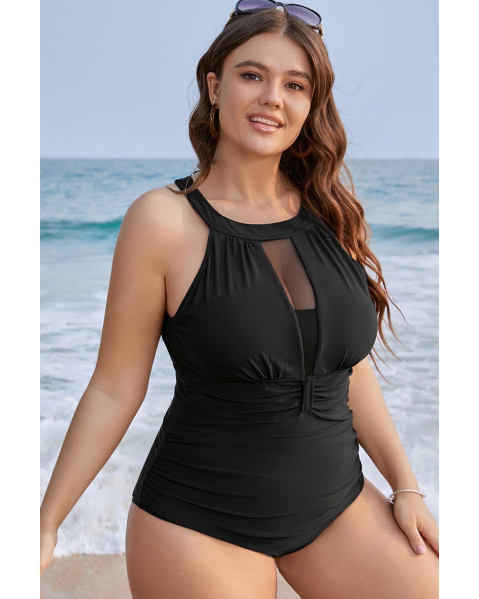 Black Halter Mesh Insert Knotted Back One Piece Plus Size Swimsuit - 1X