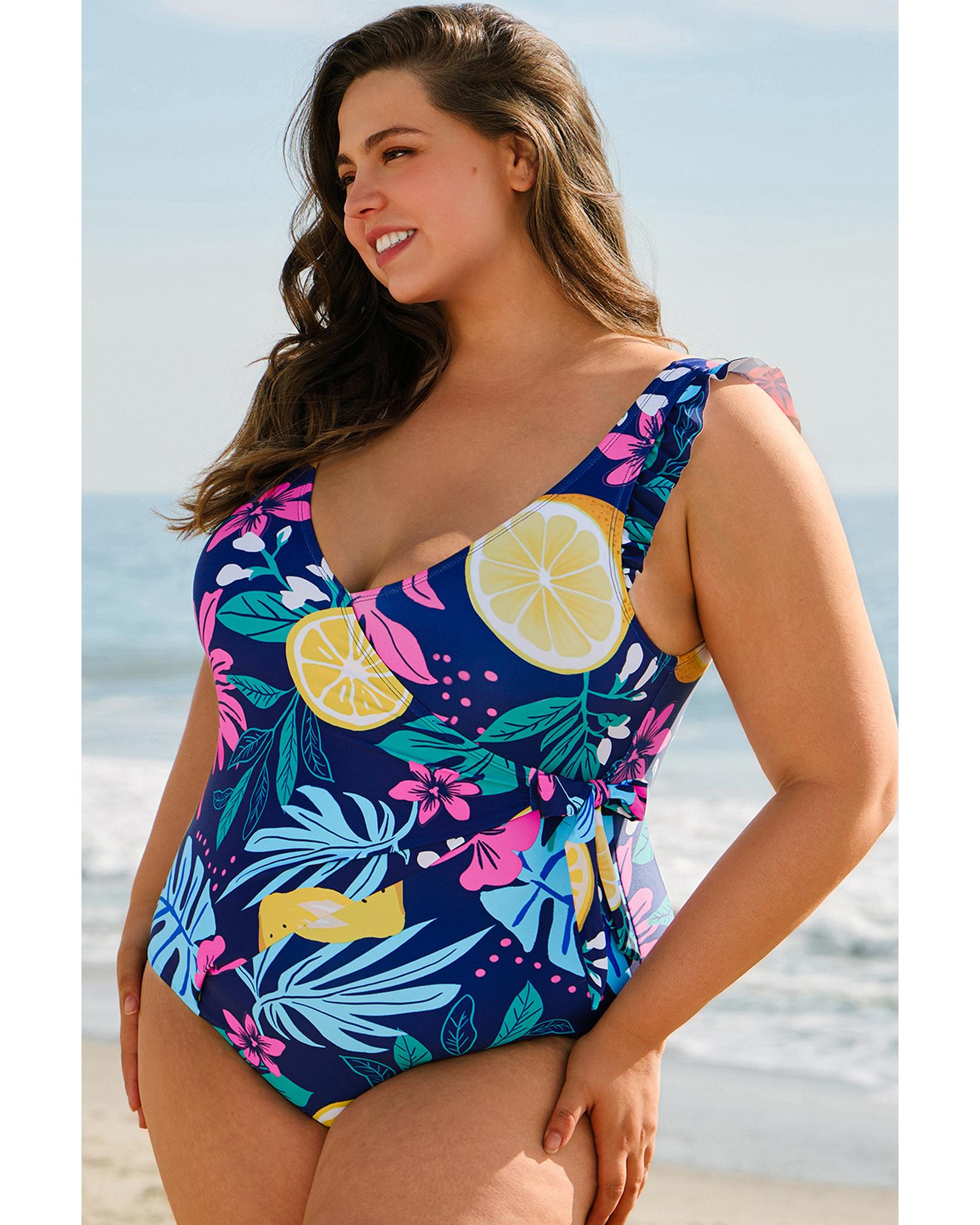 Blue Plus Size Printed V Neck Wrap Knot Ruffled One Piece Swimwear - 1X