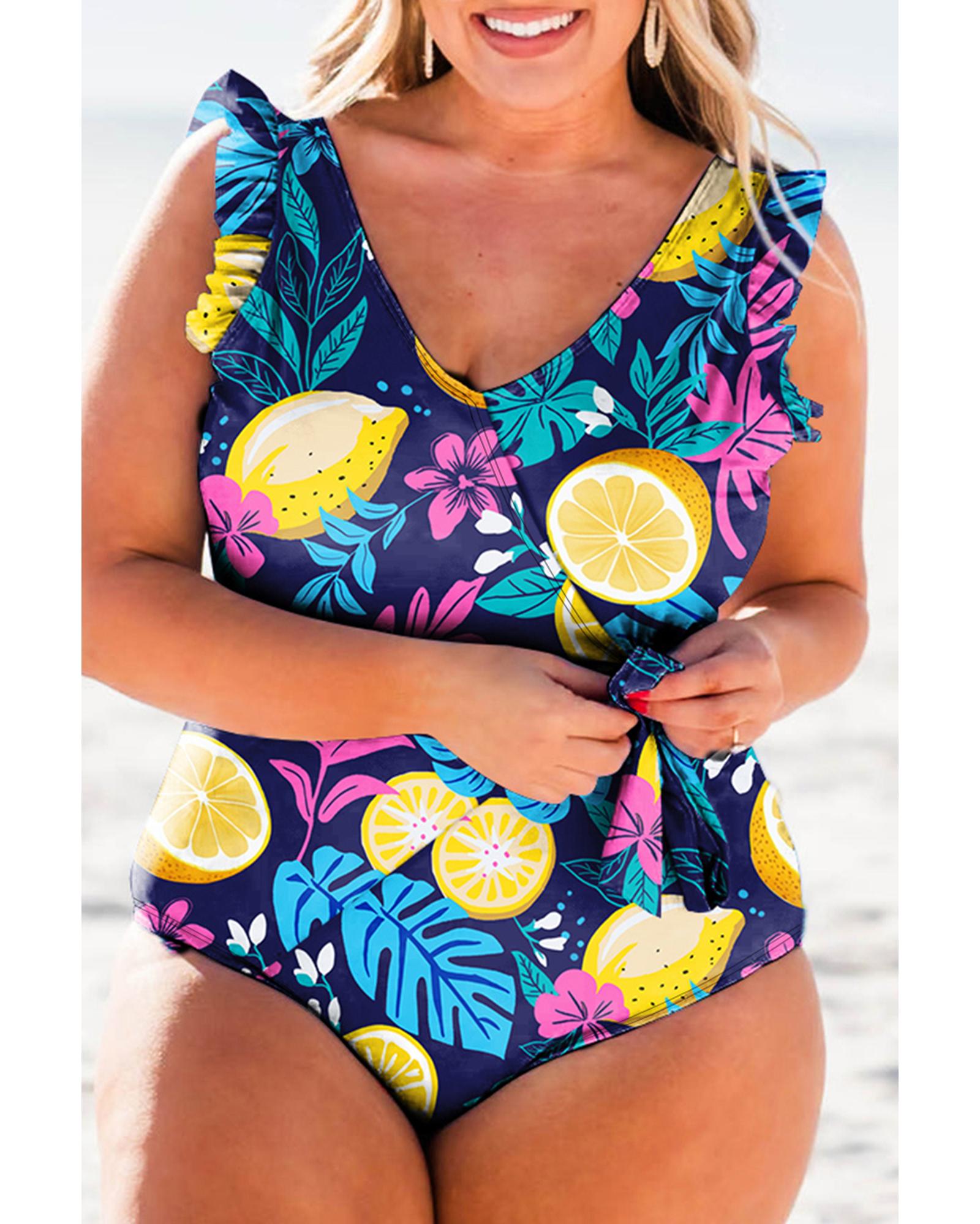 Blue Plus Size Printed V Neck Wrap Knot Ruffled One Piece Swimwear - 3X