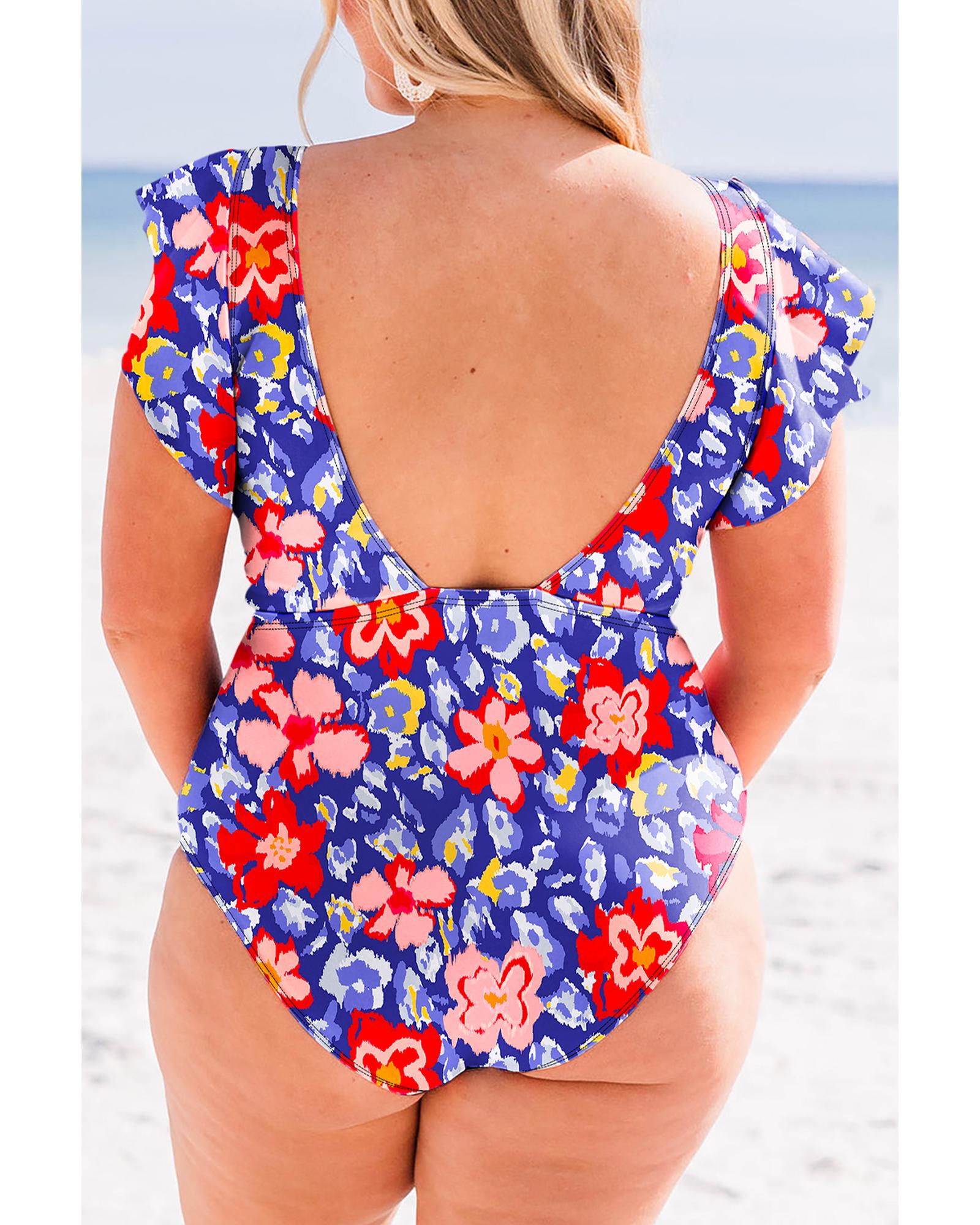 Blue Floral Print Ruffled V Neck High Waist One Piece Swimwear - 4X