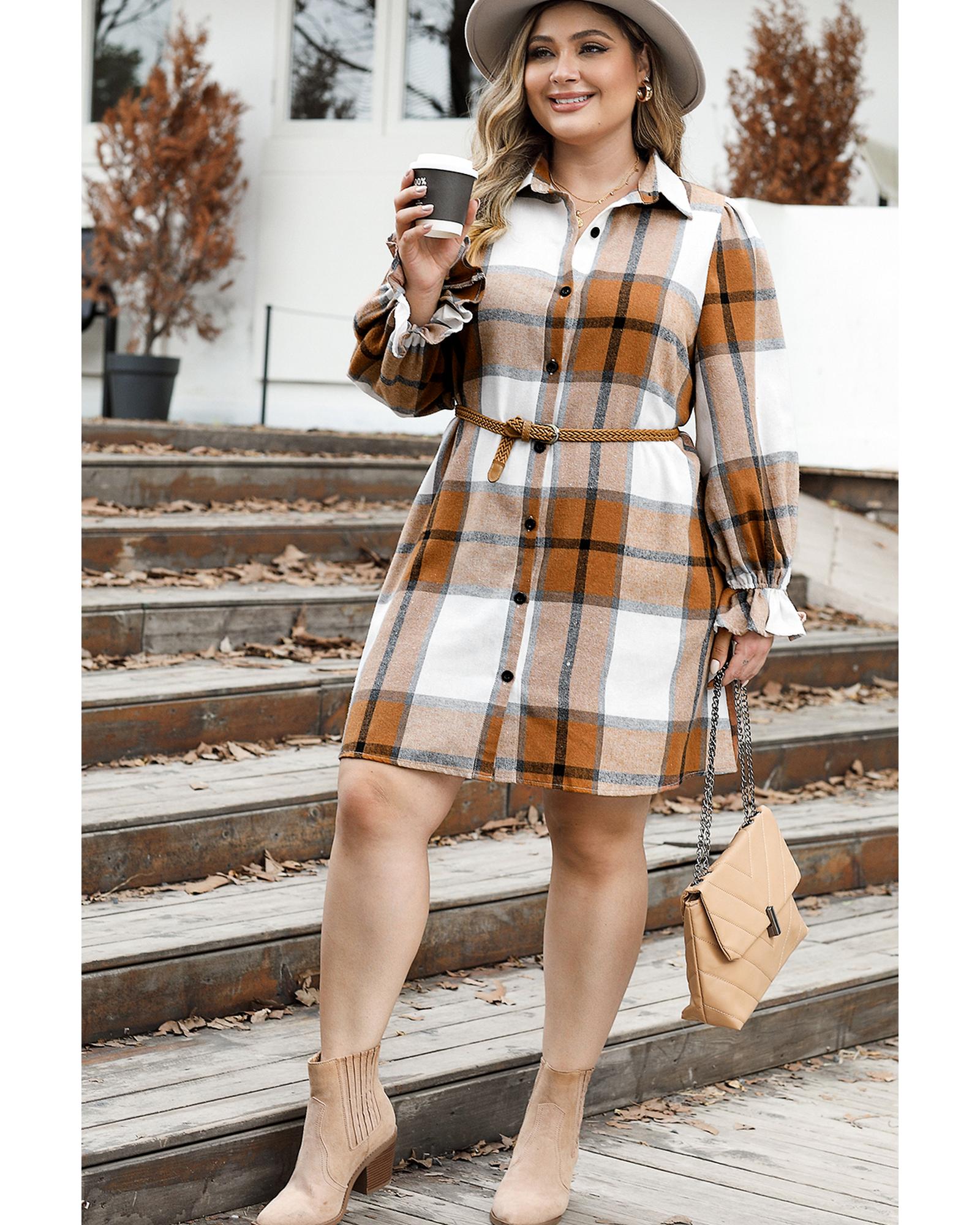 Khaki Plus Size Plaid Flounce Sleeve Button up Shirt Dress - 1X
