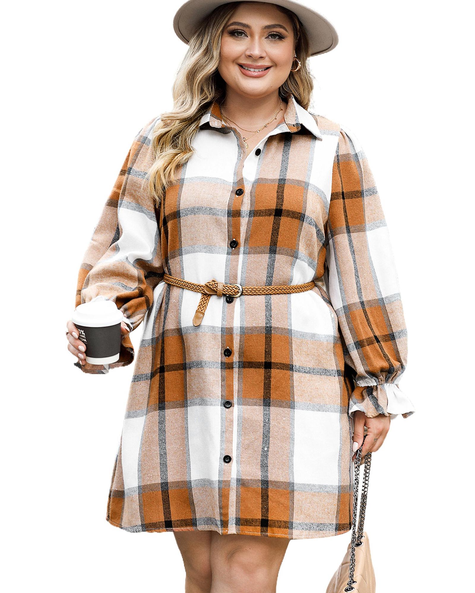 Khaki Plus Size Plaid Flounce Sleeve Button up Shirt Dress - 3X