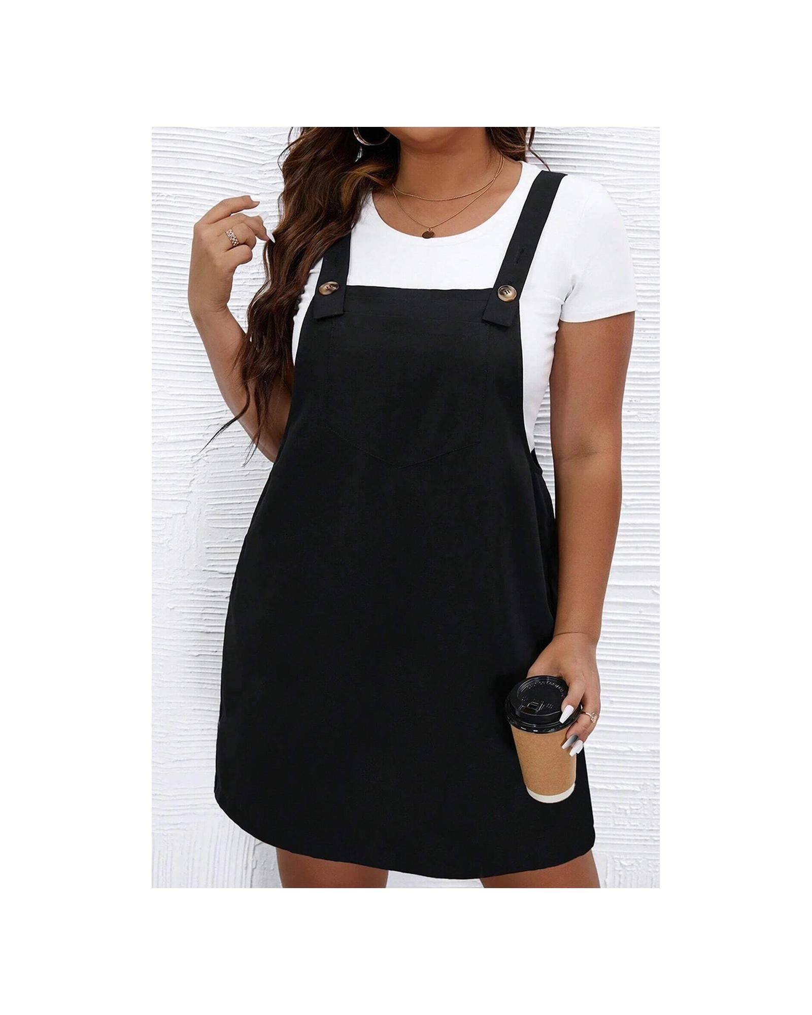 Black Solid Buttoned Straps Plus Size Overall Dress - 2X