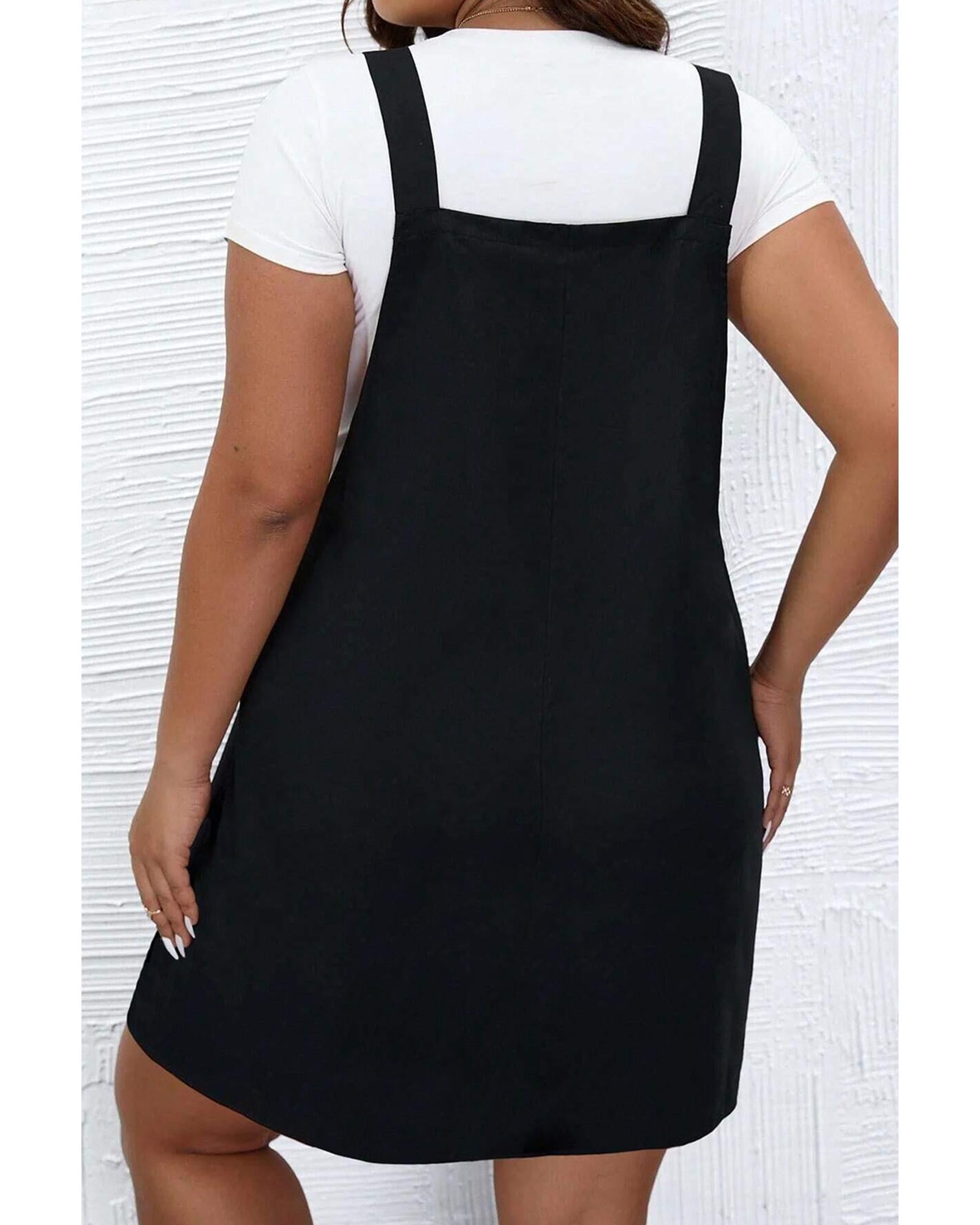 Black Solid Buttoned Straps Plus Size Overall Dress - 2X