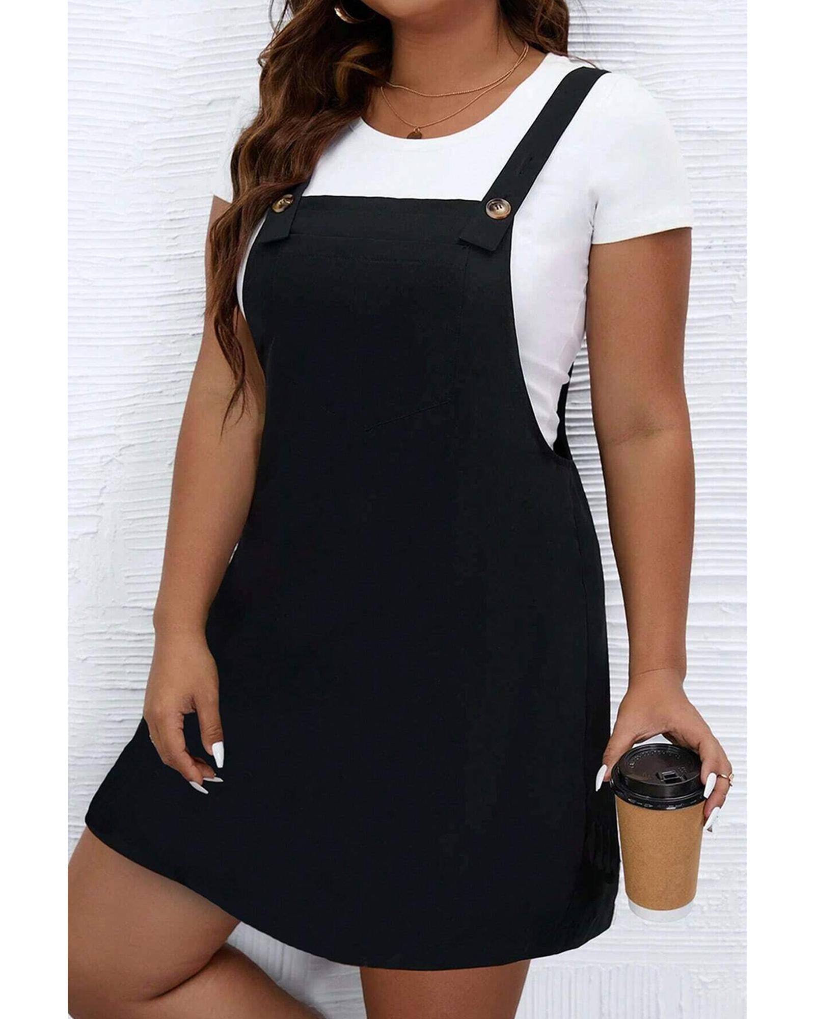 Black Solid Buttoned Straps Plus Size Overall Dress - 2X