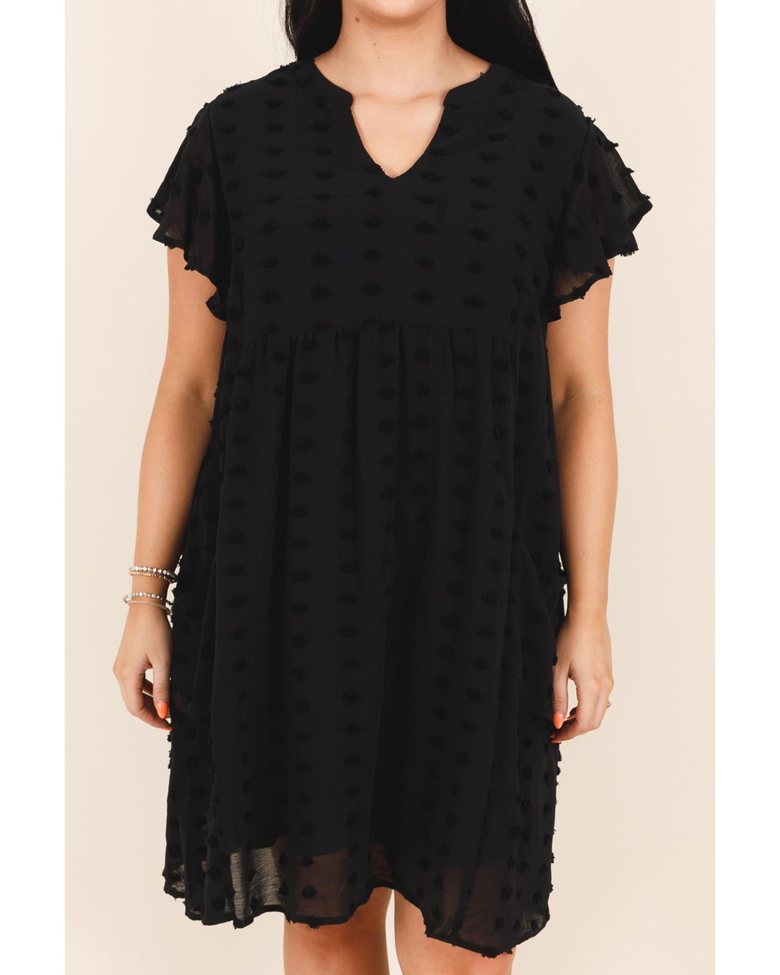 Black Dotty Textured Notched Neck Plus Ruffled Dress - 1X