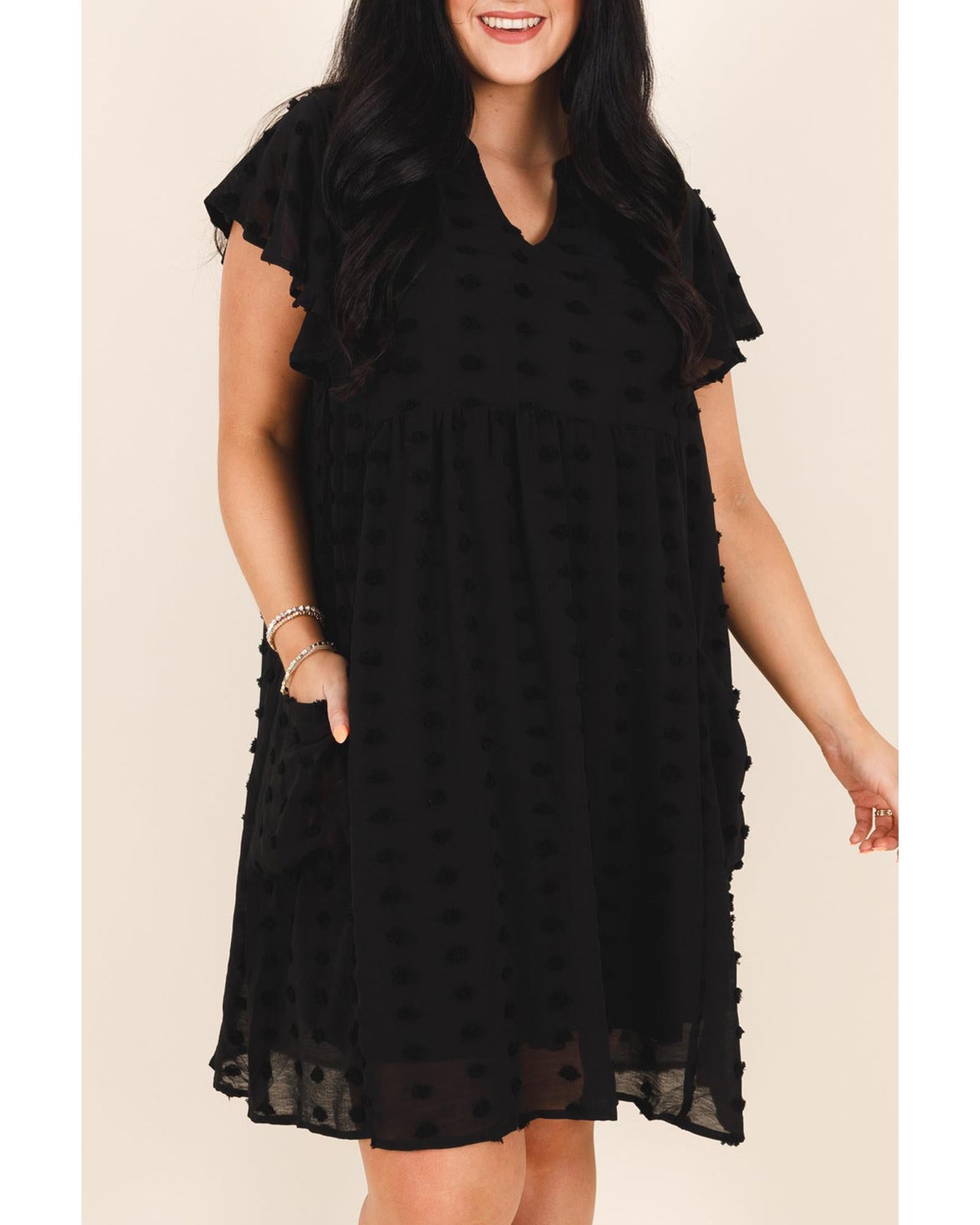 Black Dotty Textured Notched Neck Plus Ruffled Dress - 3X
