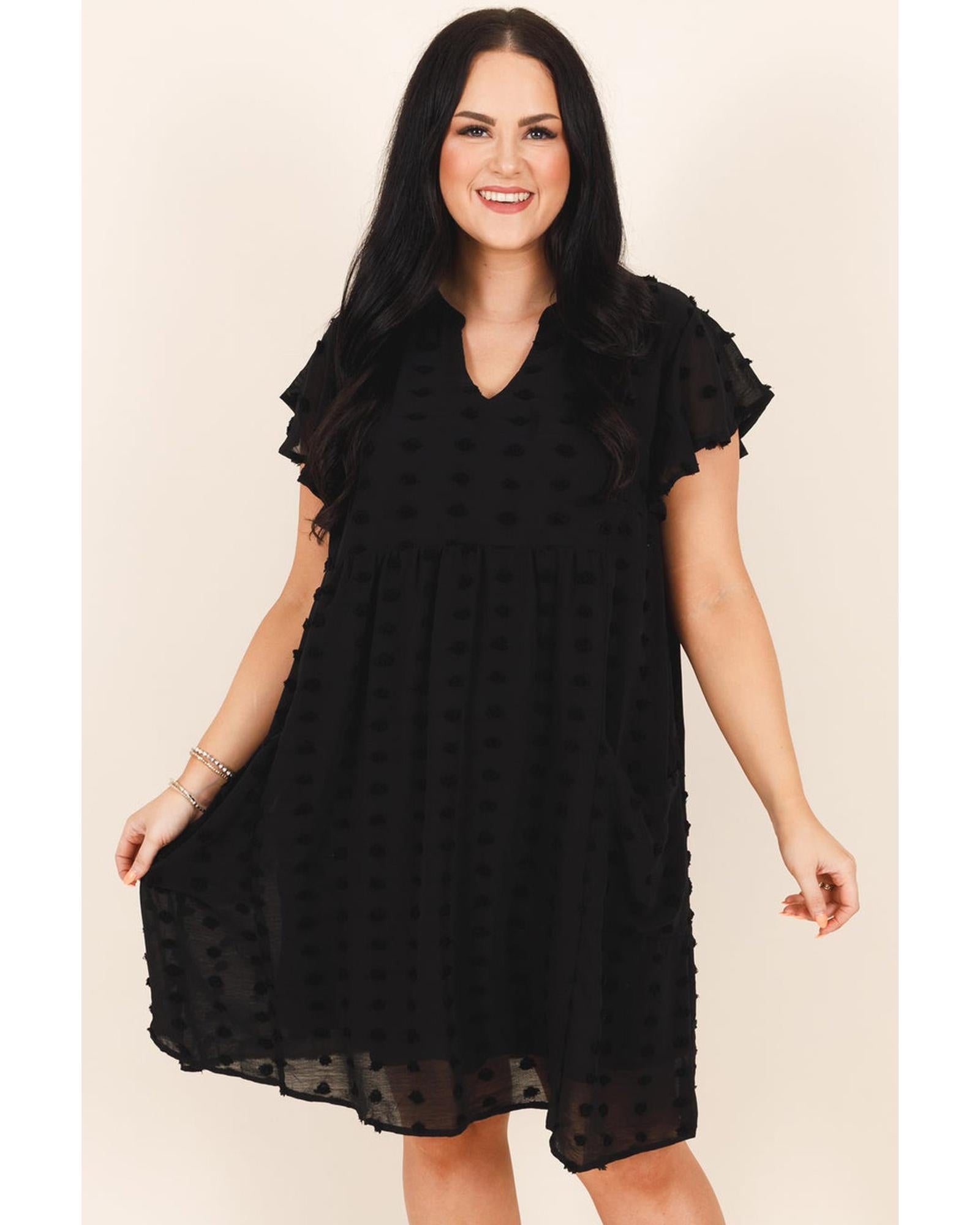 Black Dotty Textured Notched Neck Plus Ruffled Dress - 3X
