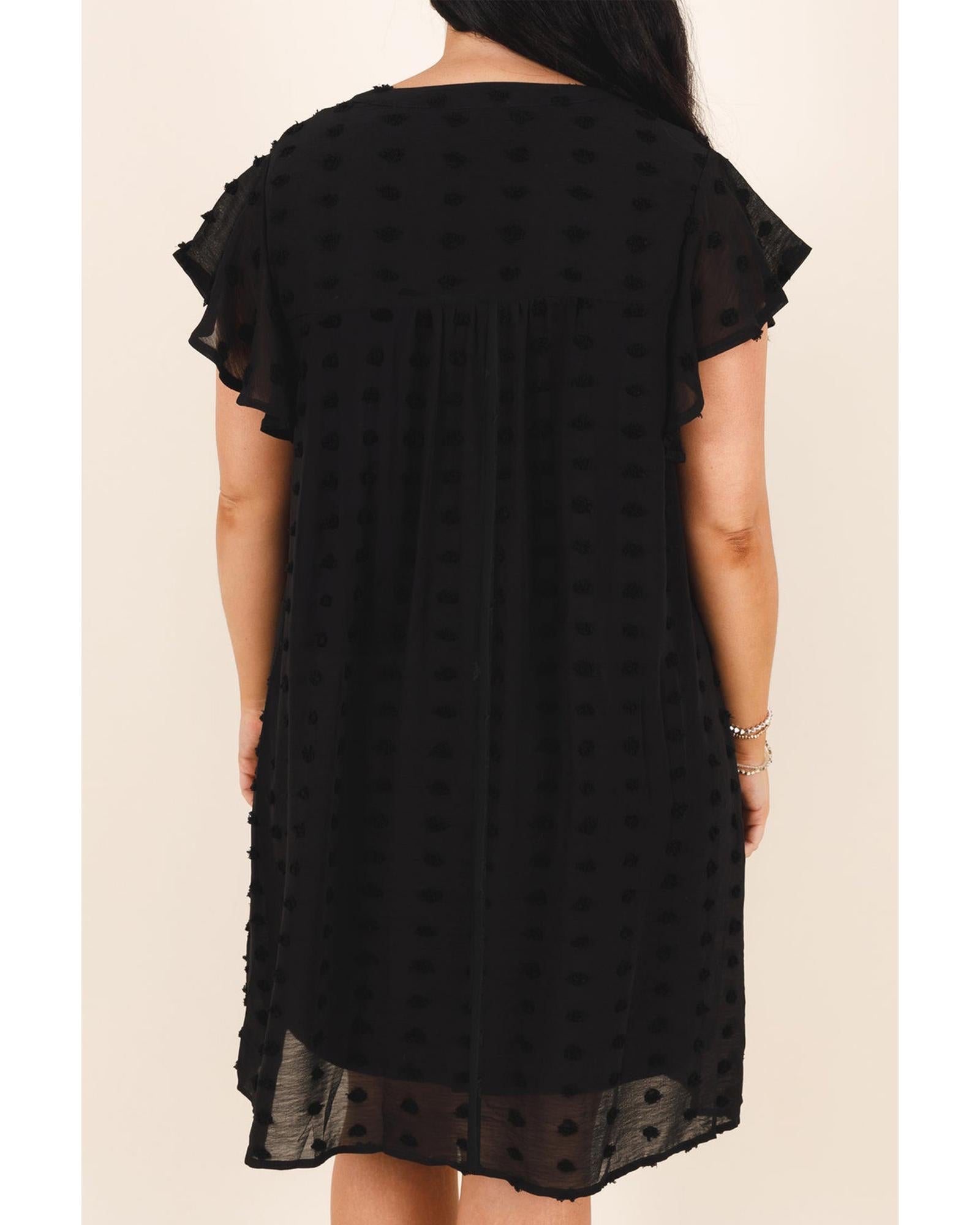 Black Dotty Textured Notched Neck Plus Ruffled Dress - 4X