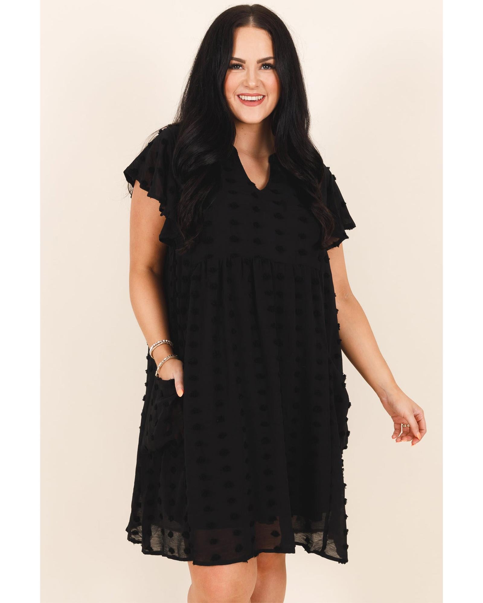 Black Dotty Textured Notched Neck Plus Ruffled Dress - 4X