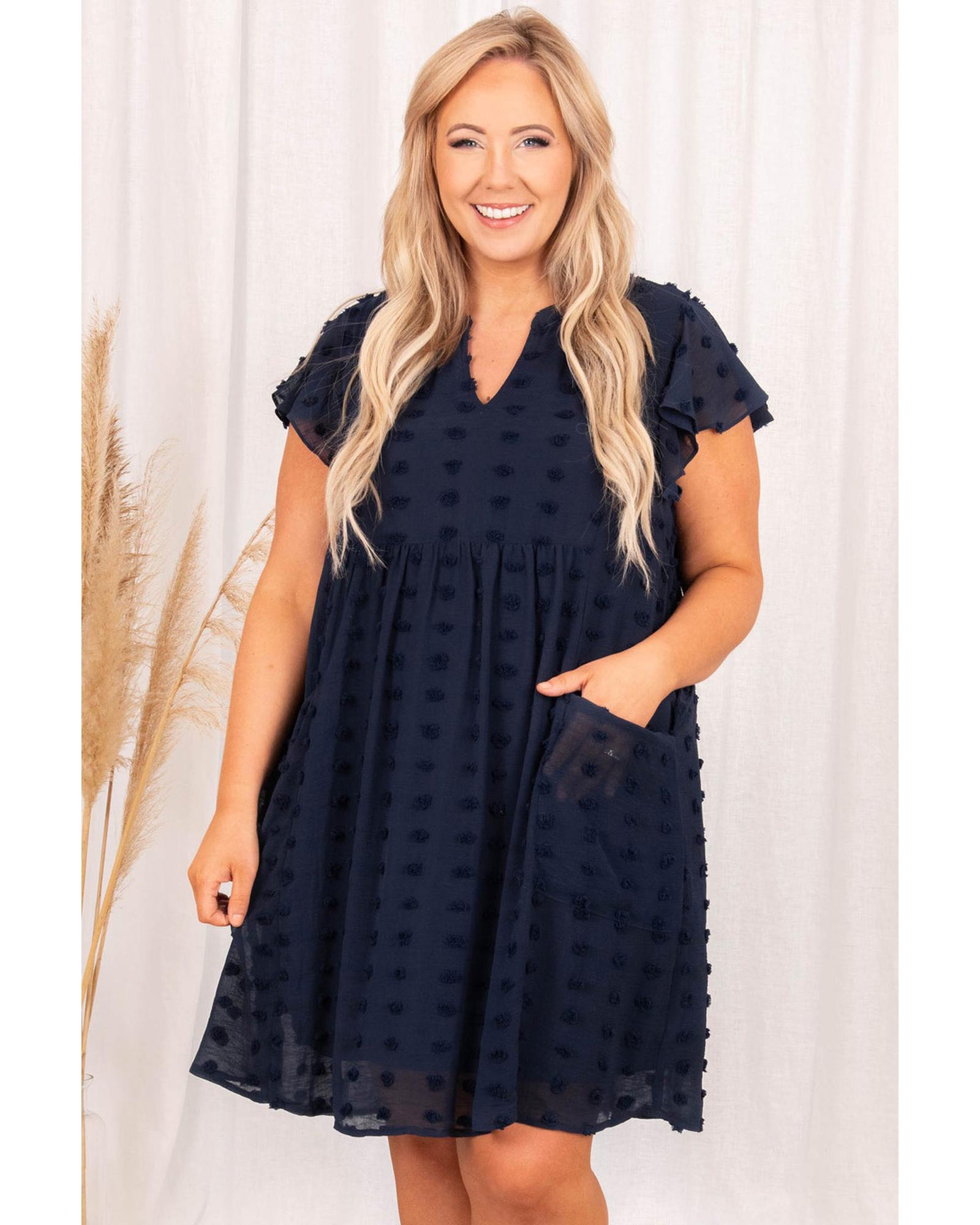 Navy Blue Dotty Textured Notched Neck Plus Ruffled Dress - 2X