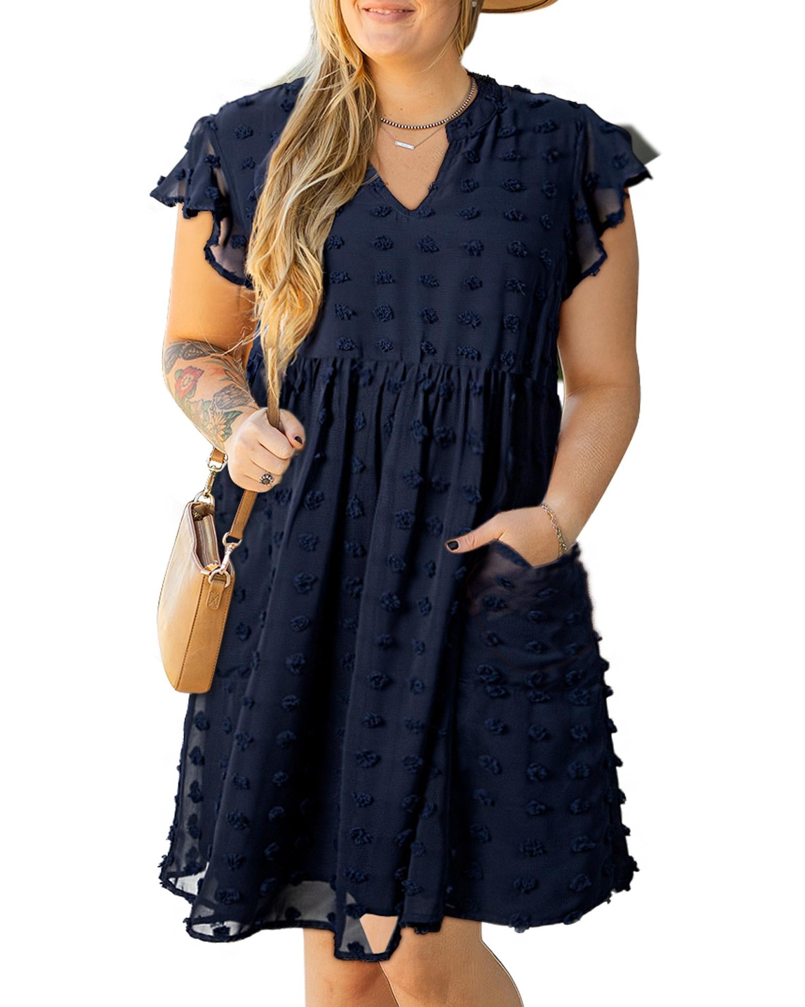 Navy Blue Dotty Textured Notched Neck Plus Ruffled Dress - 2X