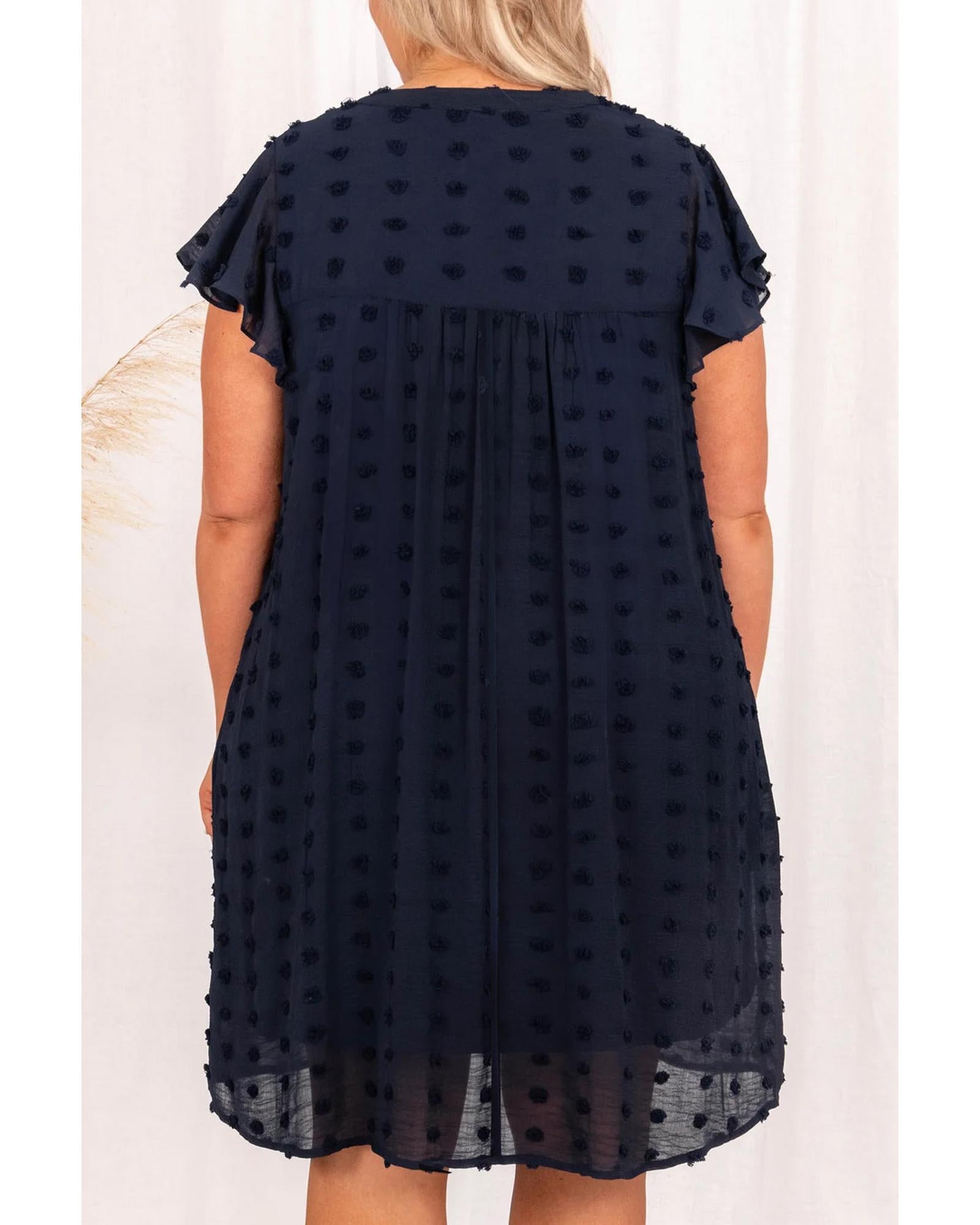 Navy Blue Dotty Textured Notched Neck Plus Ruffled Dress - 3X