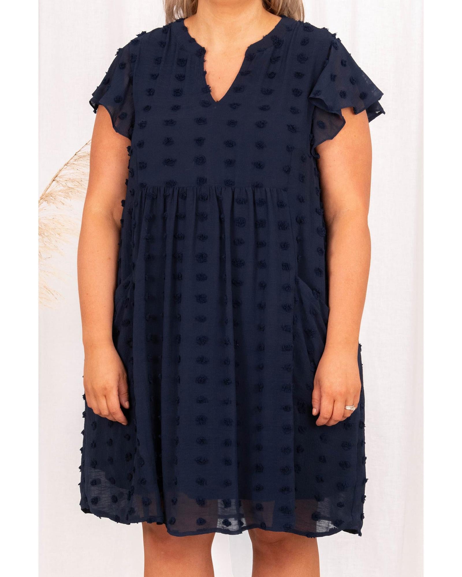 Navy Blue Dotty Textured Notched Neck Plus Ruffled Dress - 3X