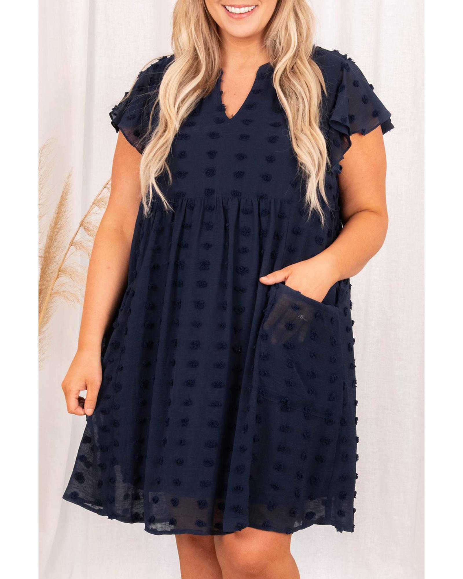 Navy Blue Dotty Textured Notched Neck Plus Ruffled Dress - 4X