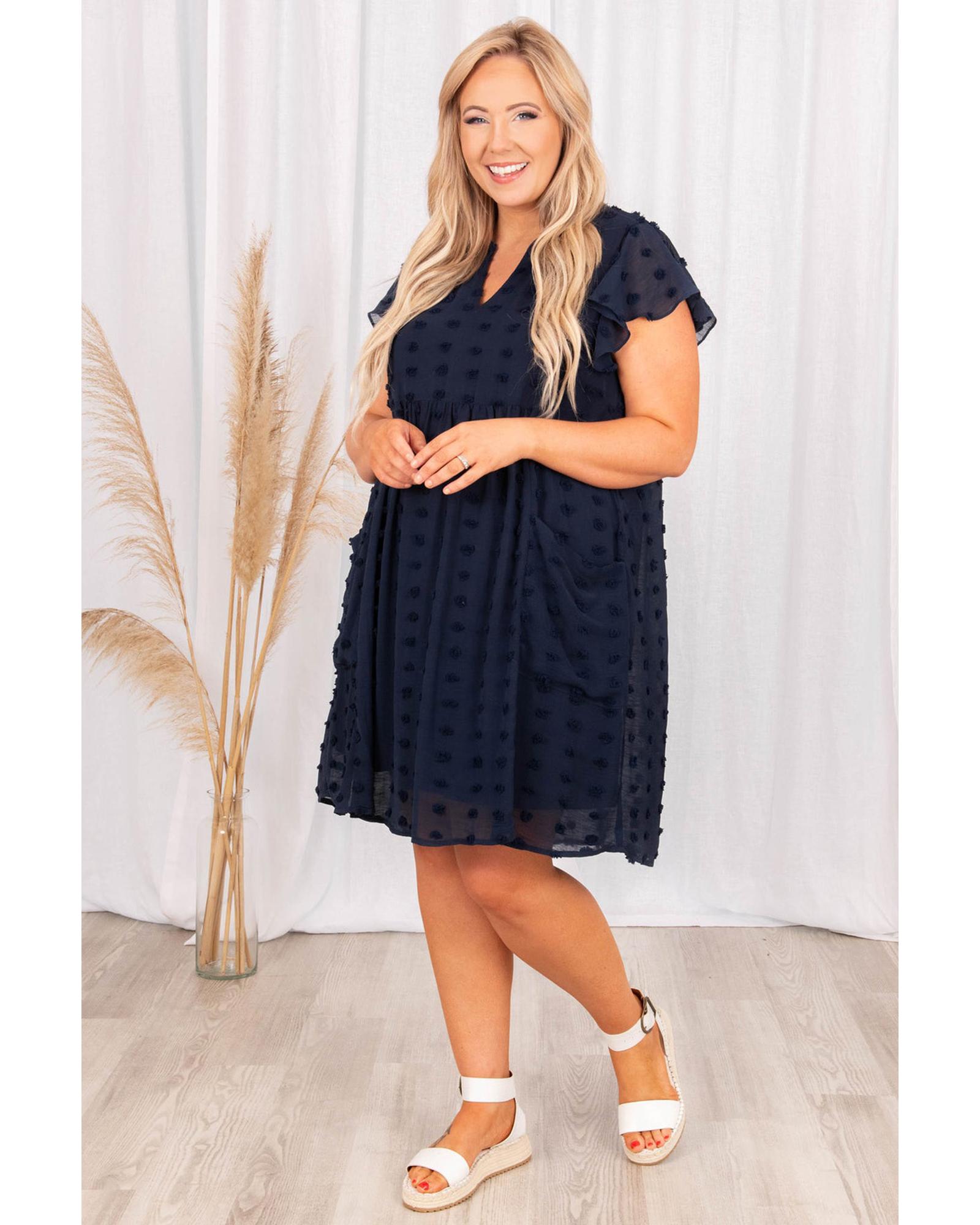 Navy Blue Dotty Textured Notched Neck Plus Ruffled Dress - 4X