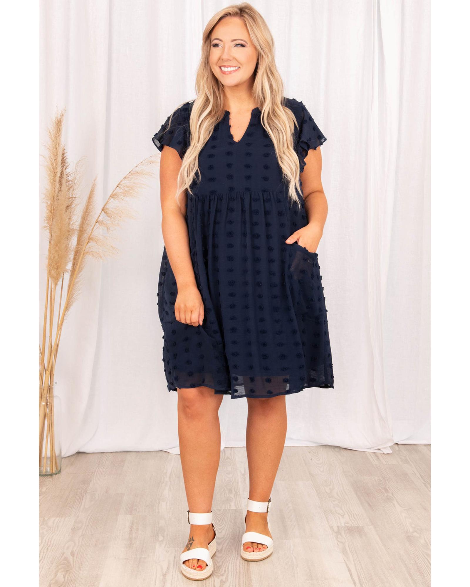 Navy Blue Dotty Textured Notched Neck Plus Ruffled Dress - 4X