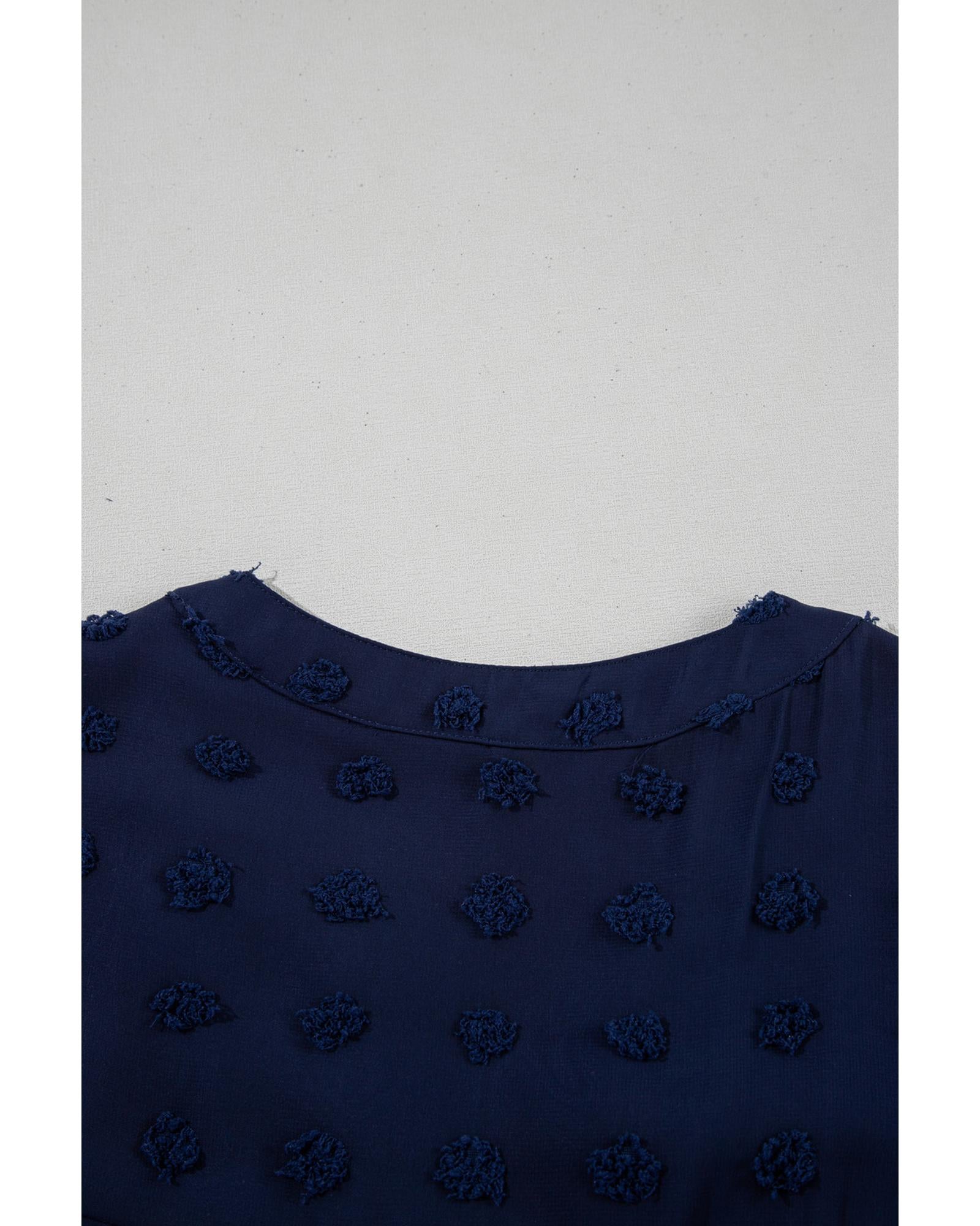 Navy Blue Dotty Textured Notched Neck Plus Ruffled Dress - 4X