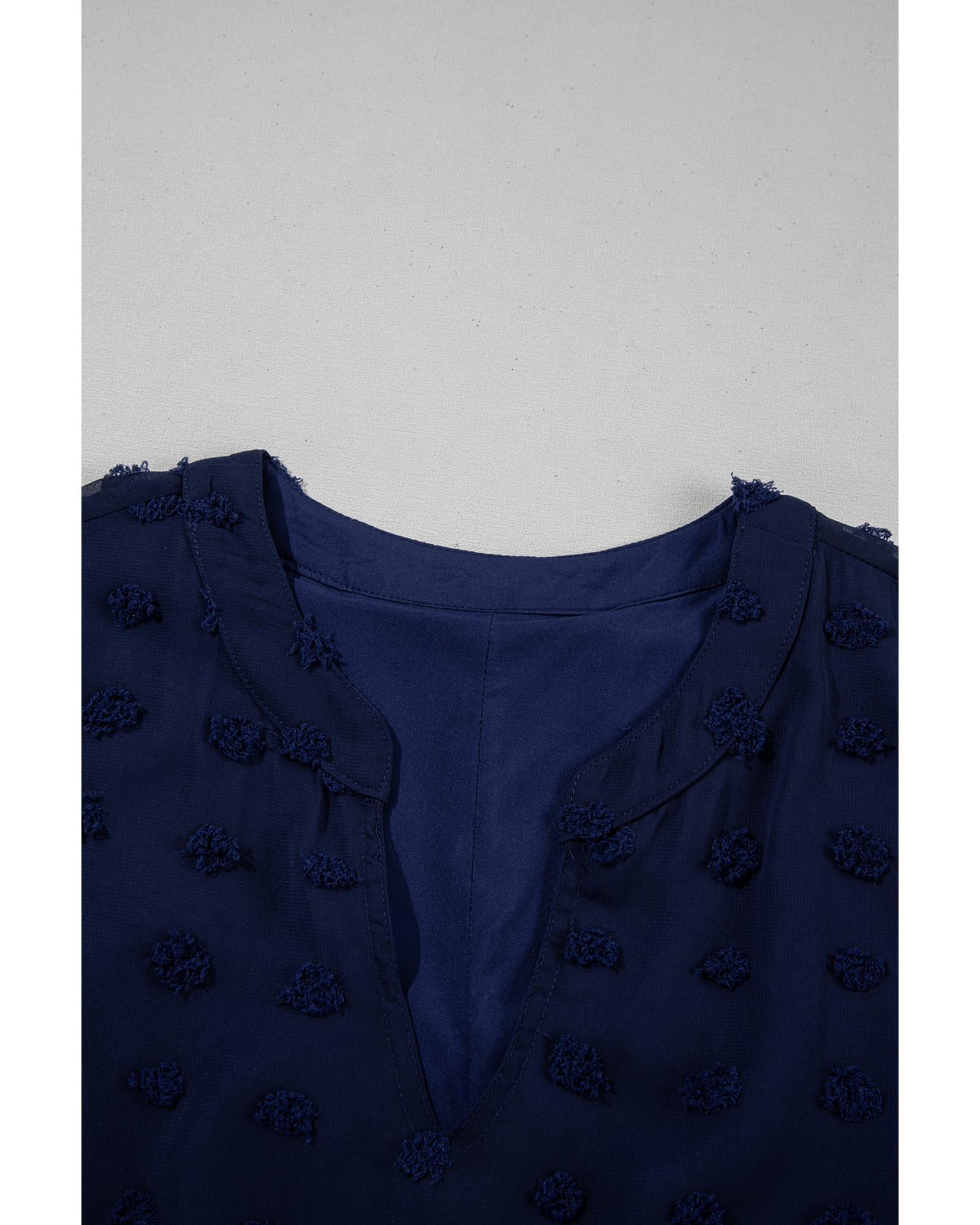 Navy Blue Dotty Textured Notched Neck Plus Ruffled Dress - 4X