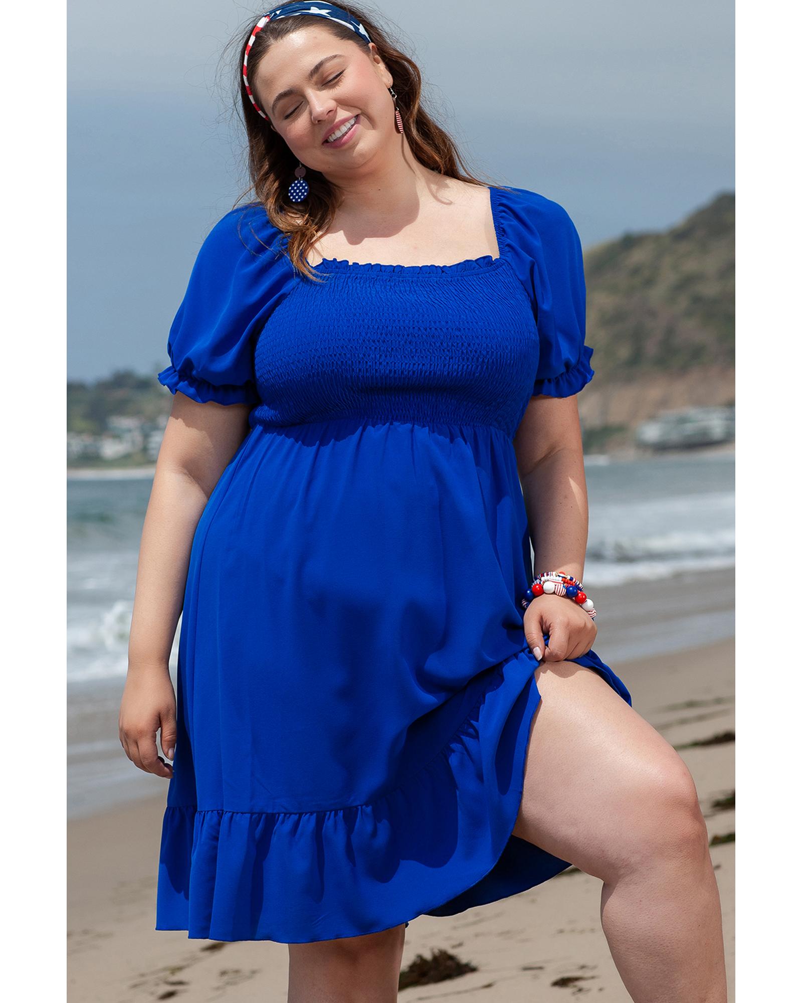 Dark Blue Shirred Ruffled Square Neck Plus Size Mini Dress - 2X