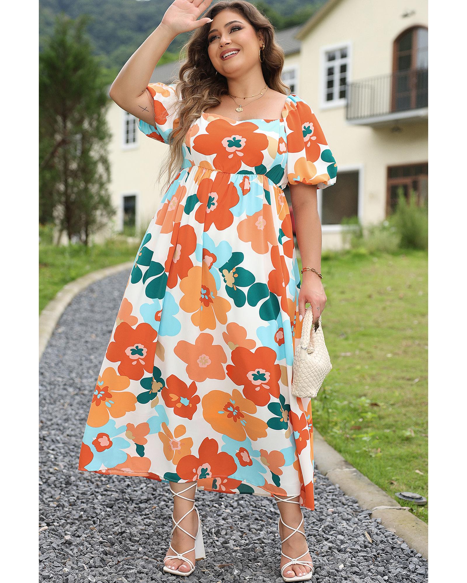 Orange Plus Size Flower Print Shirred Square Neck Maxi Dress - 1X