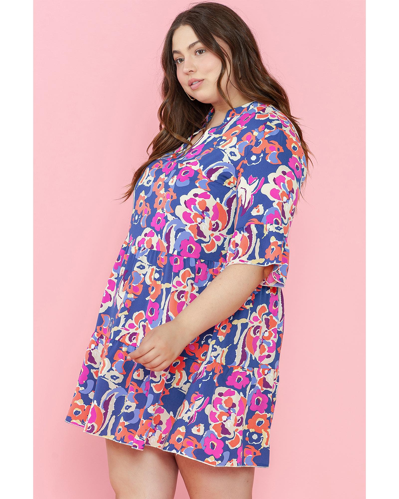 Blue Plus Size Floral Print Ruffled 3/4 Sleeve Mini Dress - 1X